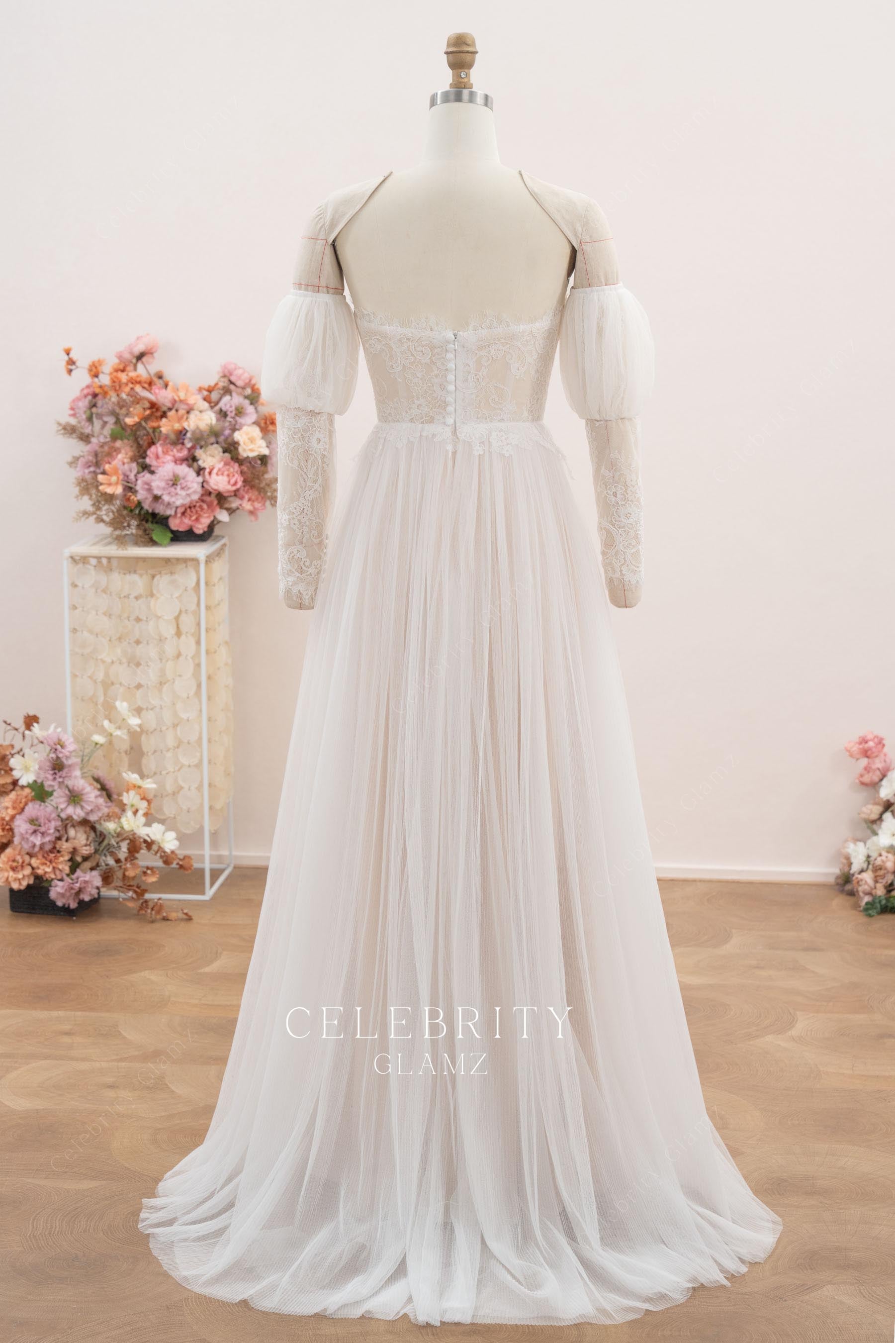 nude beige tulle sweep train bridal dress