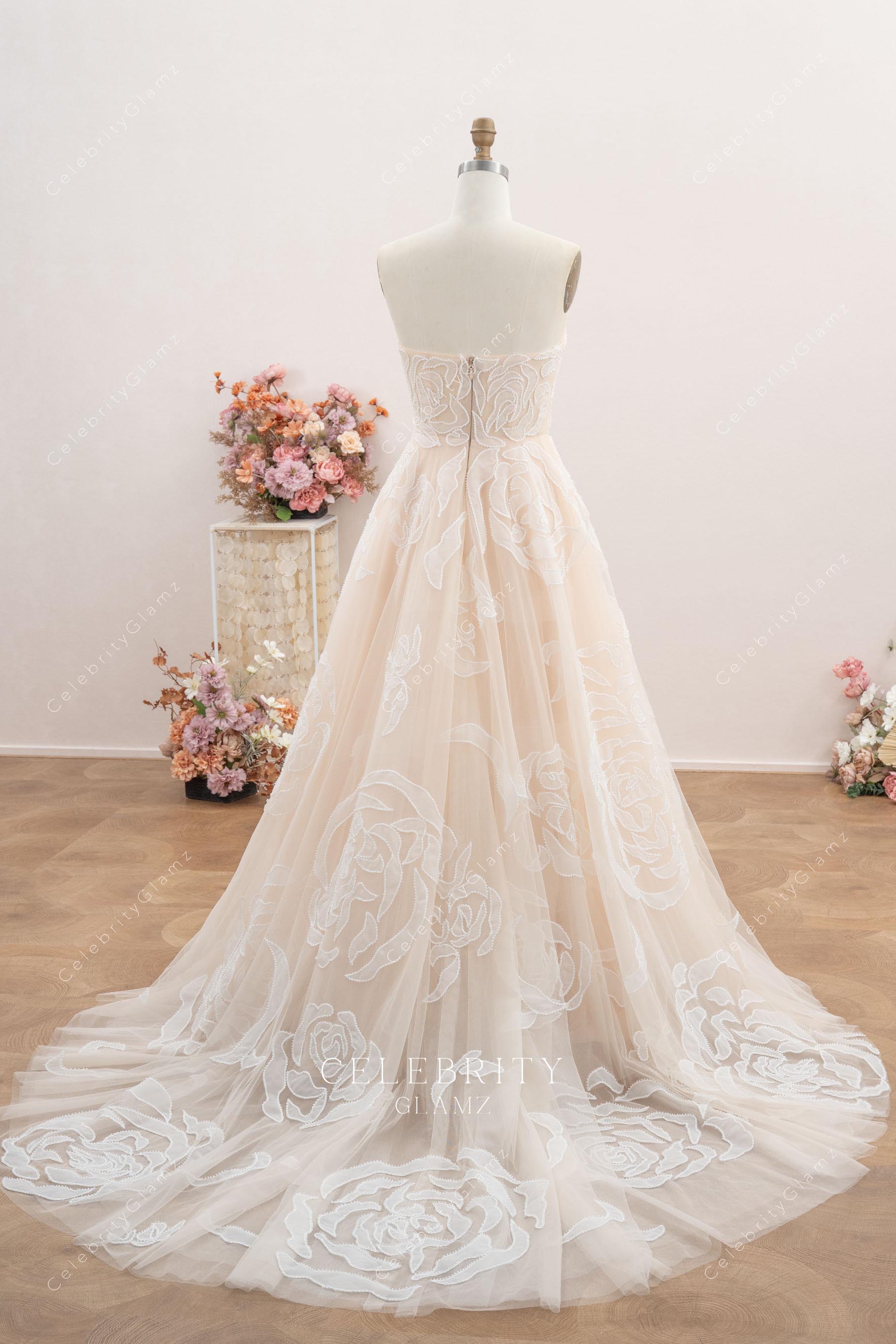 nude pink chapel train wedding dress