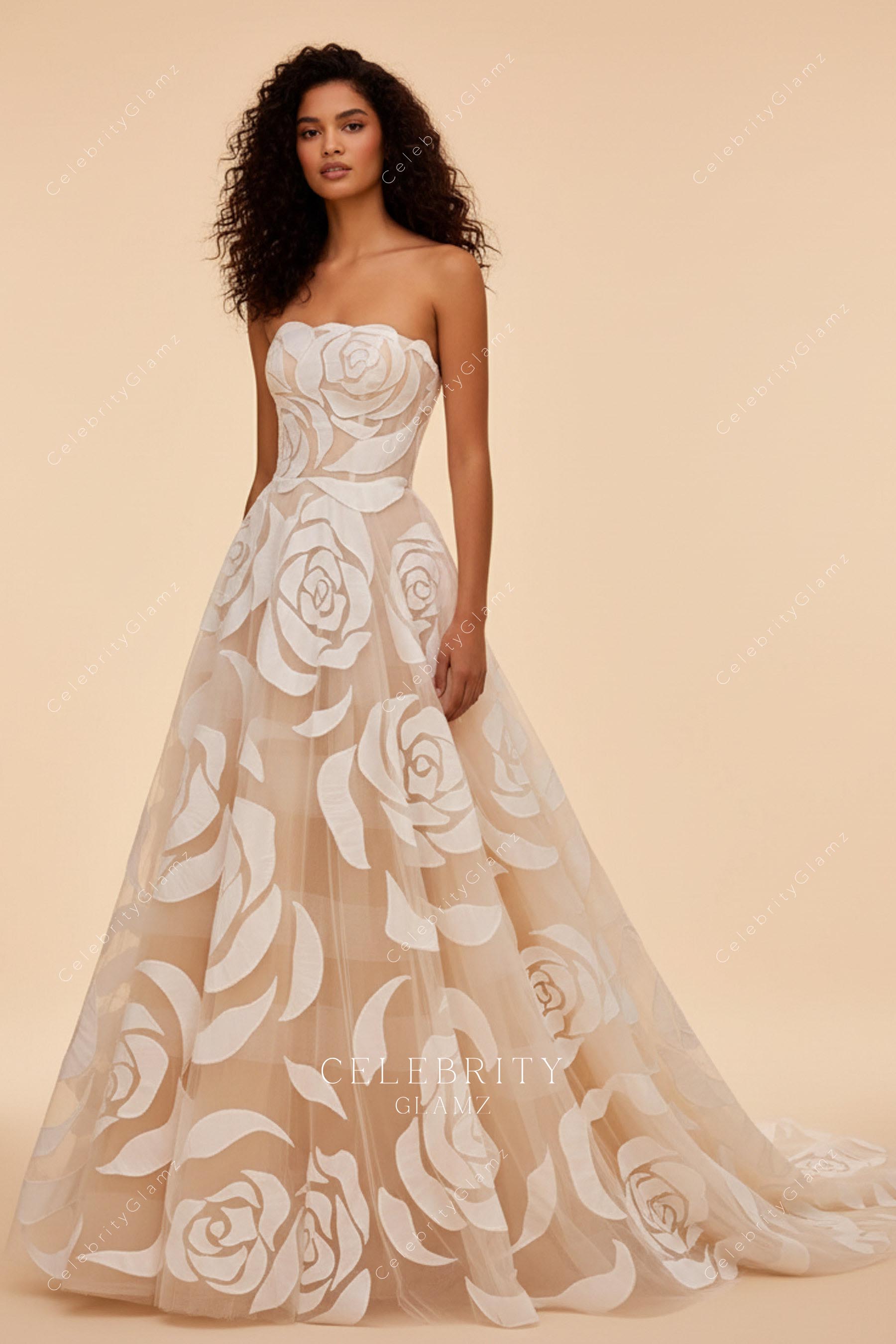 nude pink floral lace wedding dress