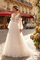 nude pink pleated tulle plunging wedding dress