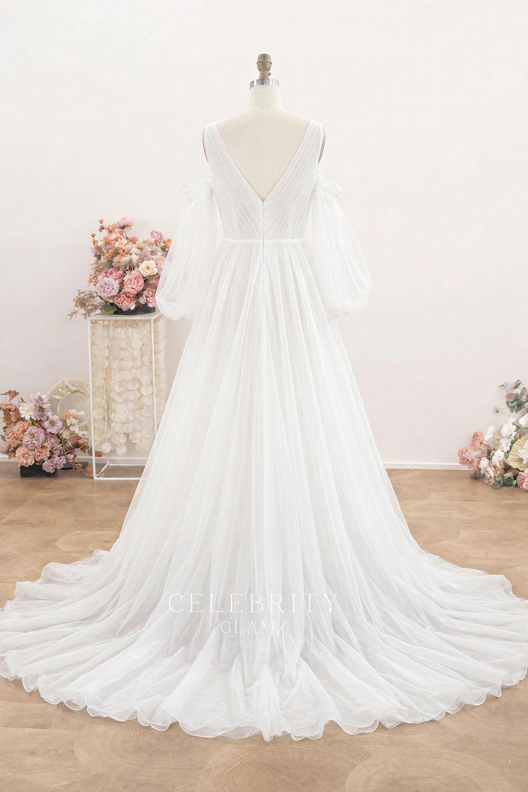nude pink tulle long train wedding dress