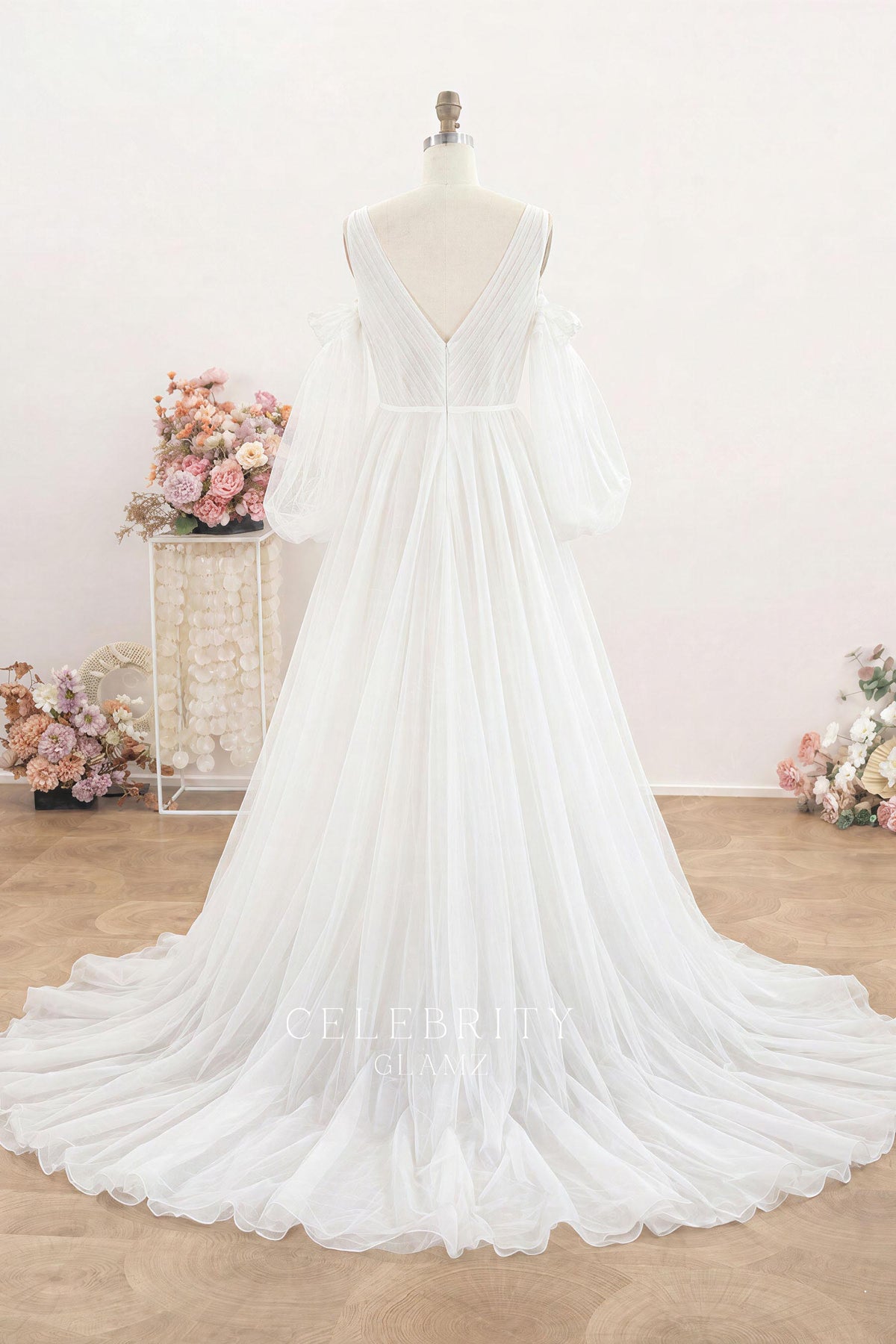nude pink tulle long train wedding dress