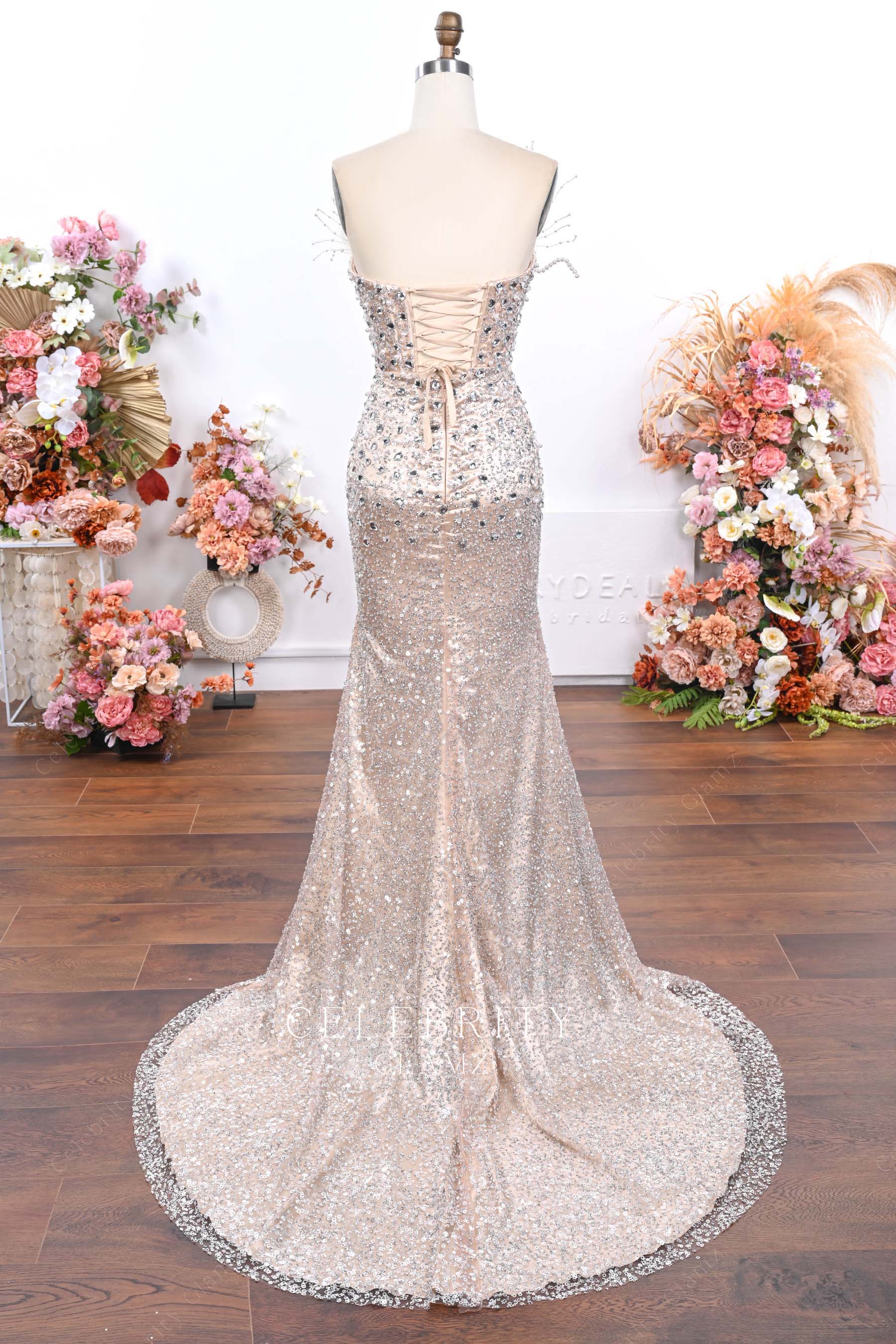 nude sequin fit flare prom dress