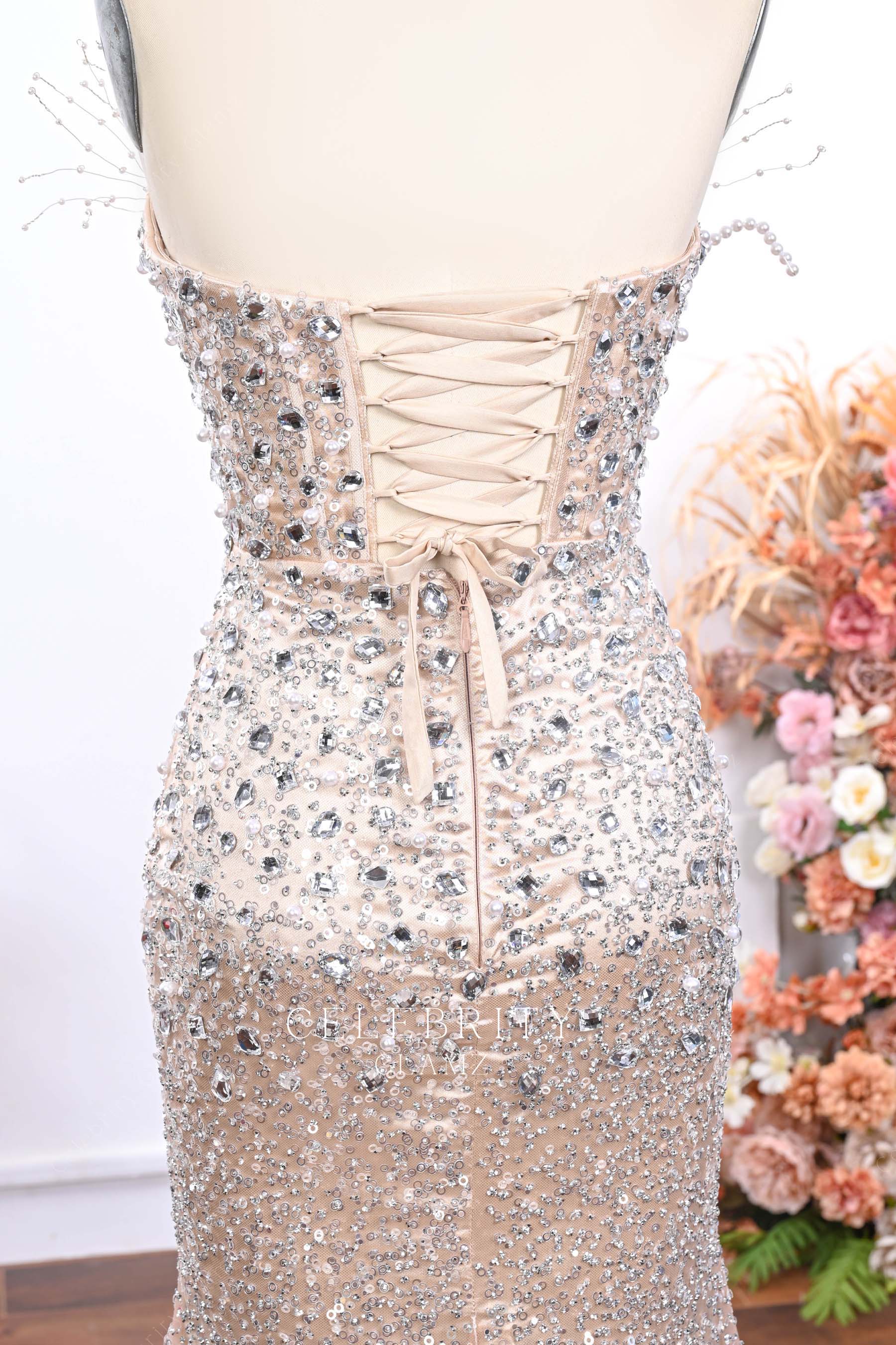 nude sequin open back prom dress