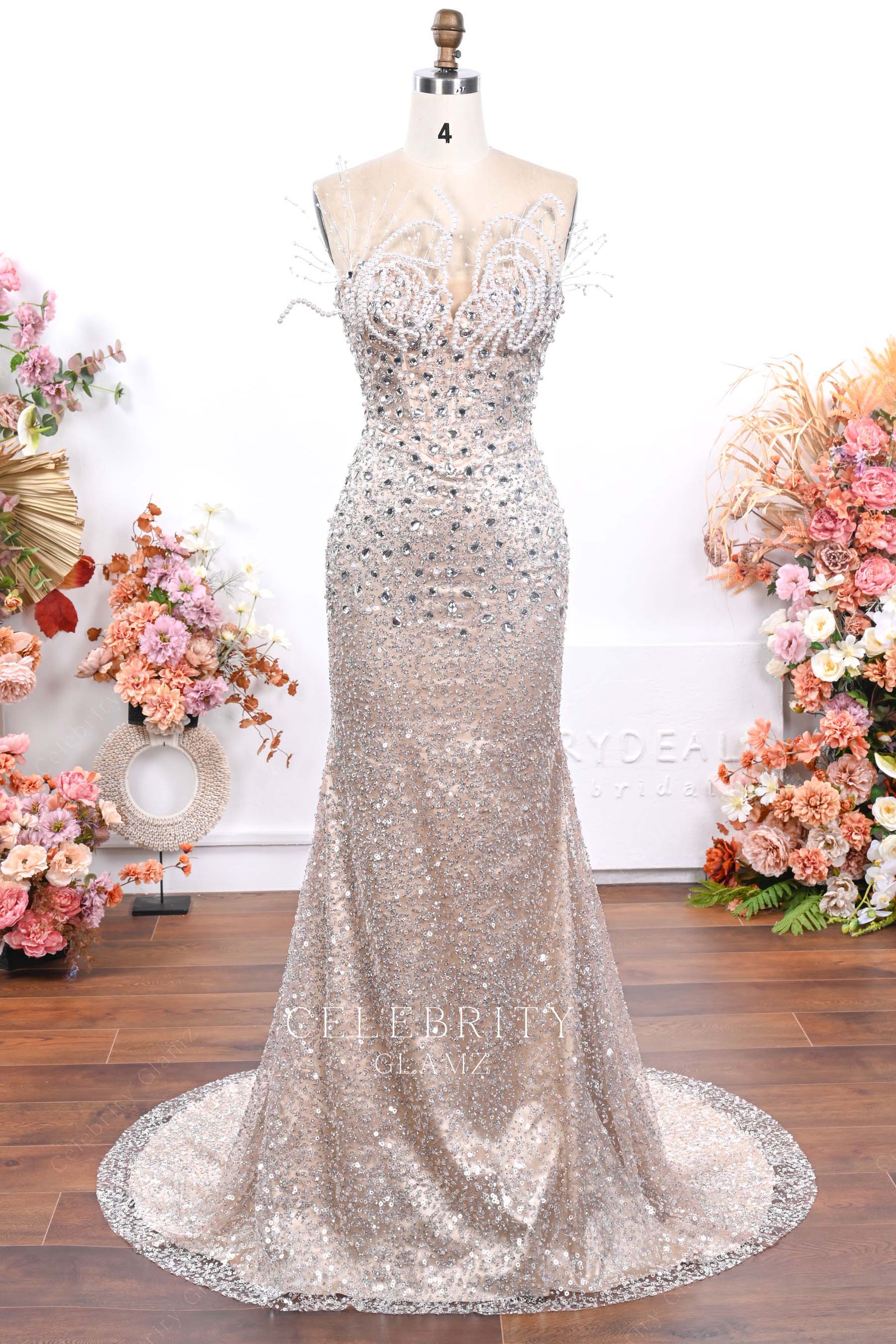 nude sequin strapless prom dress