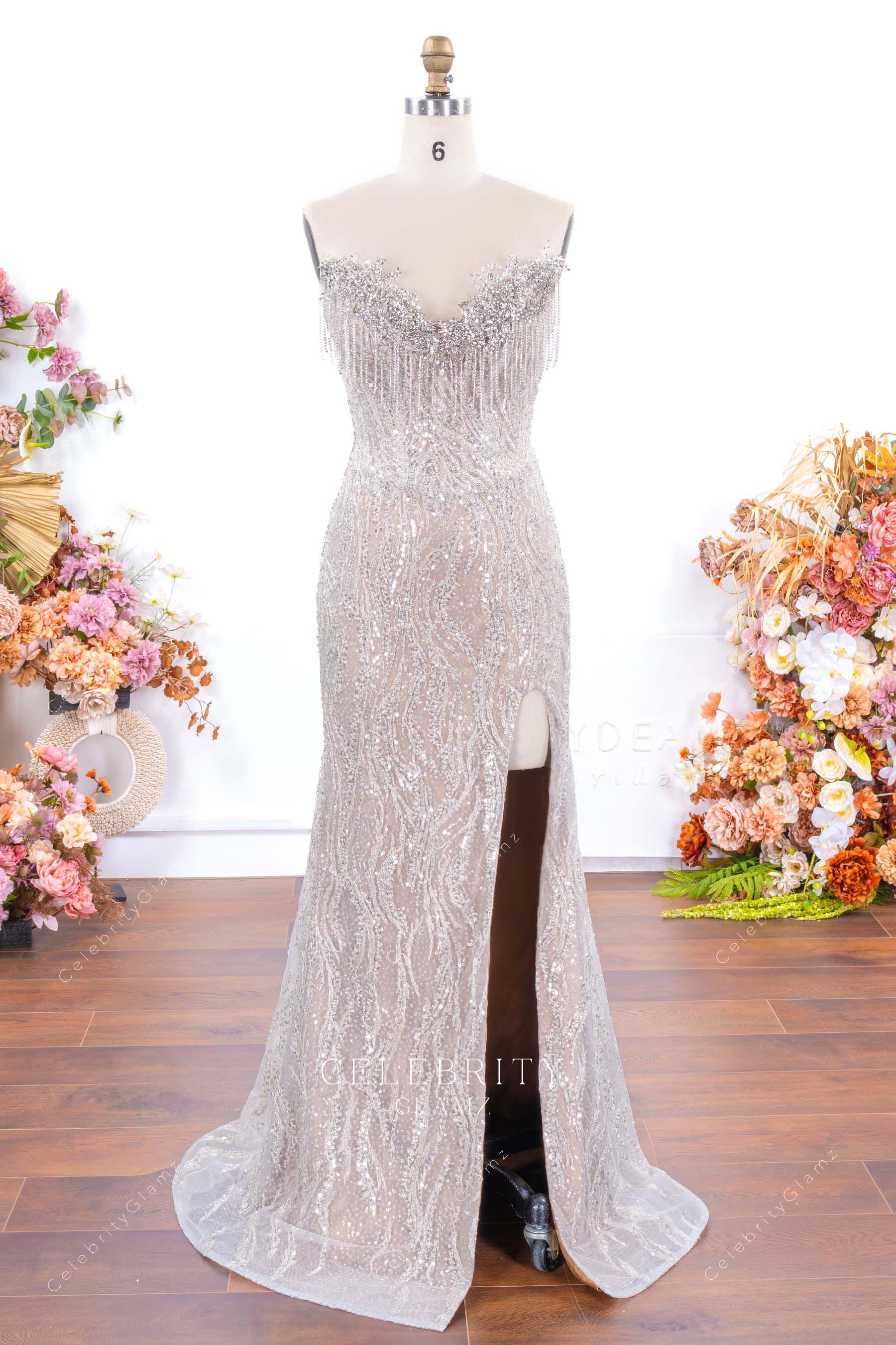 nude thigh split mermaid formal gown