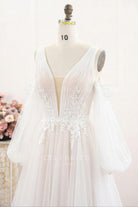 off shoulder bubble sheer sleeve wedding dress