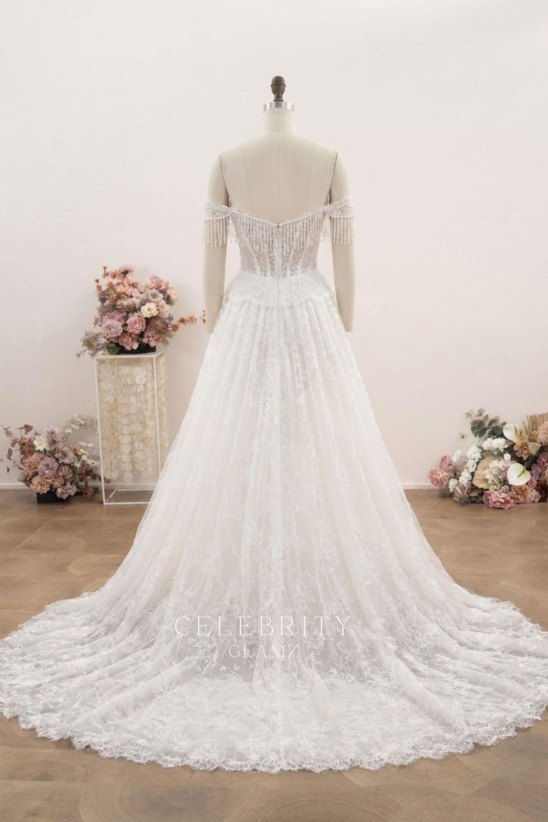 off shoulder crystal tassel bridal dress