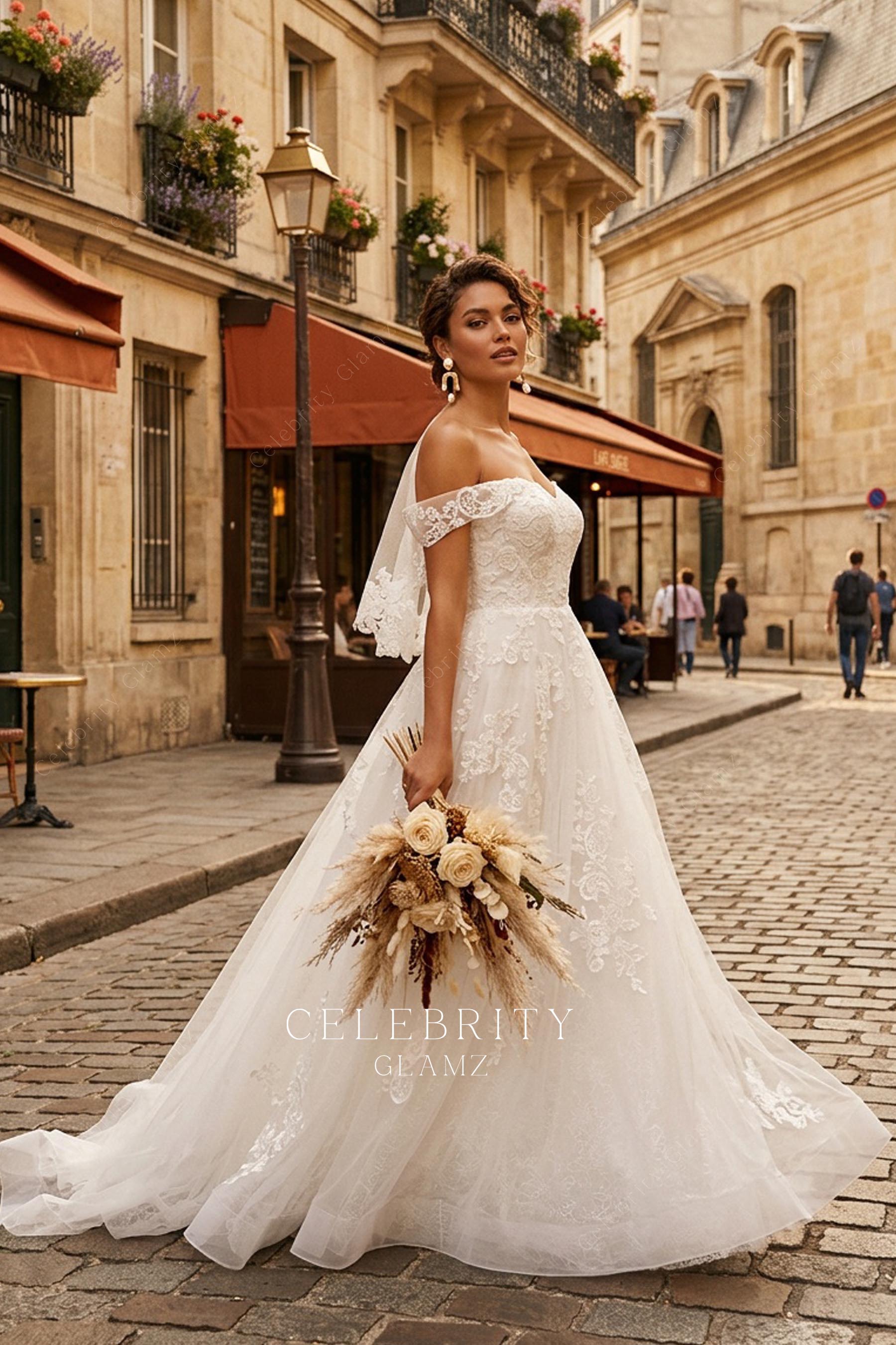off shoulder drop sleeve wedding dress
