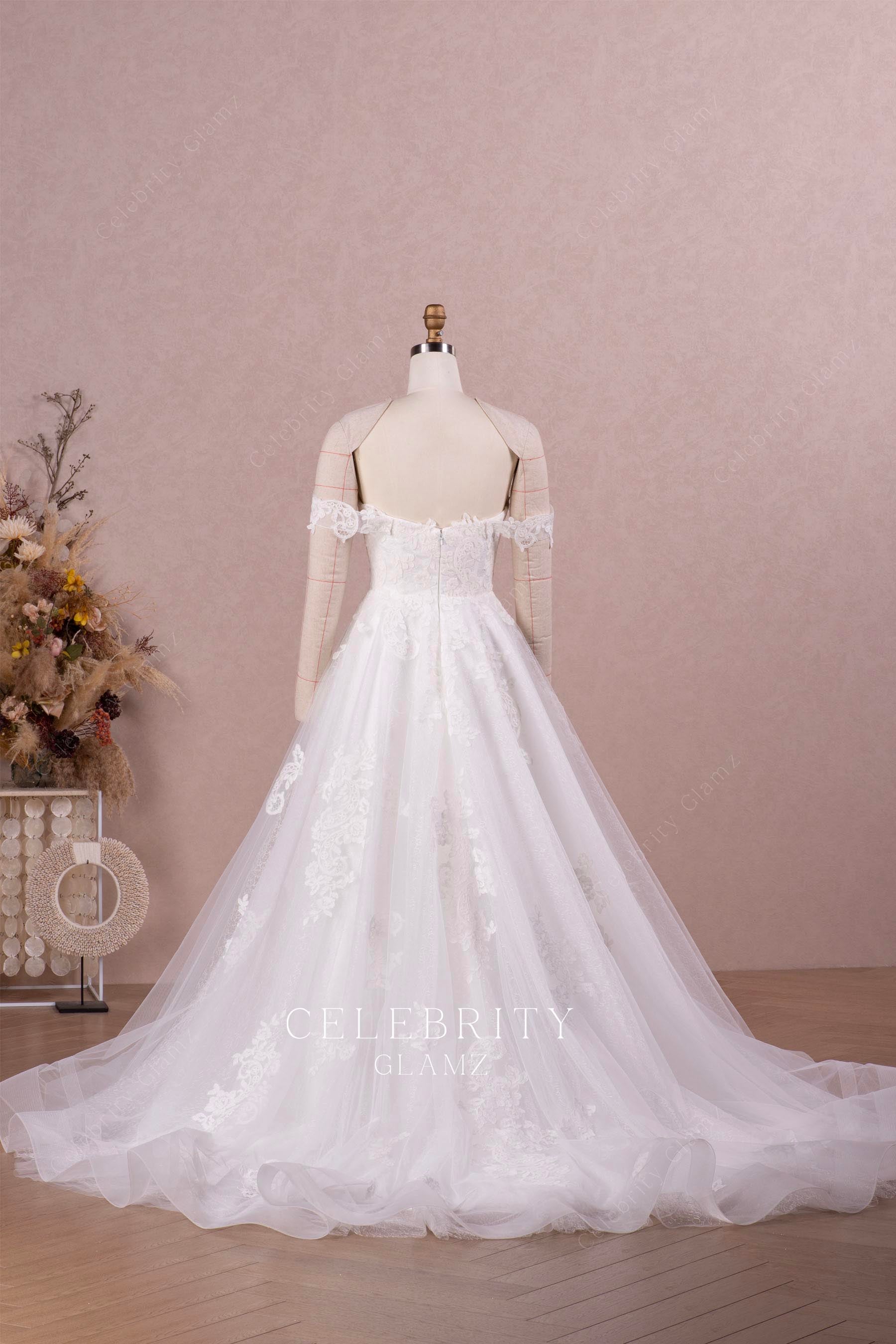 off shoulder open back wedding dress