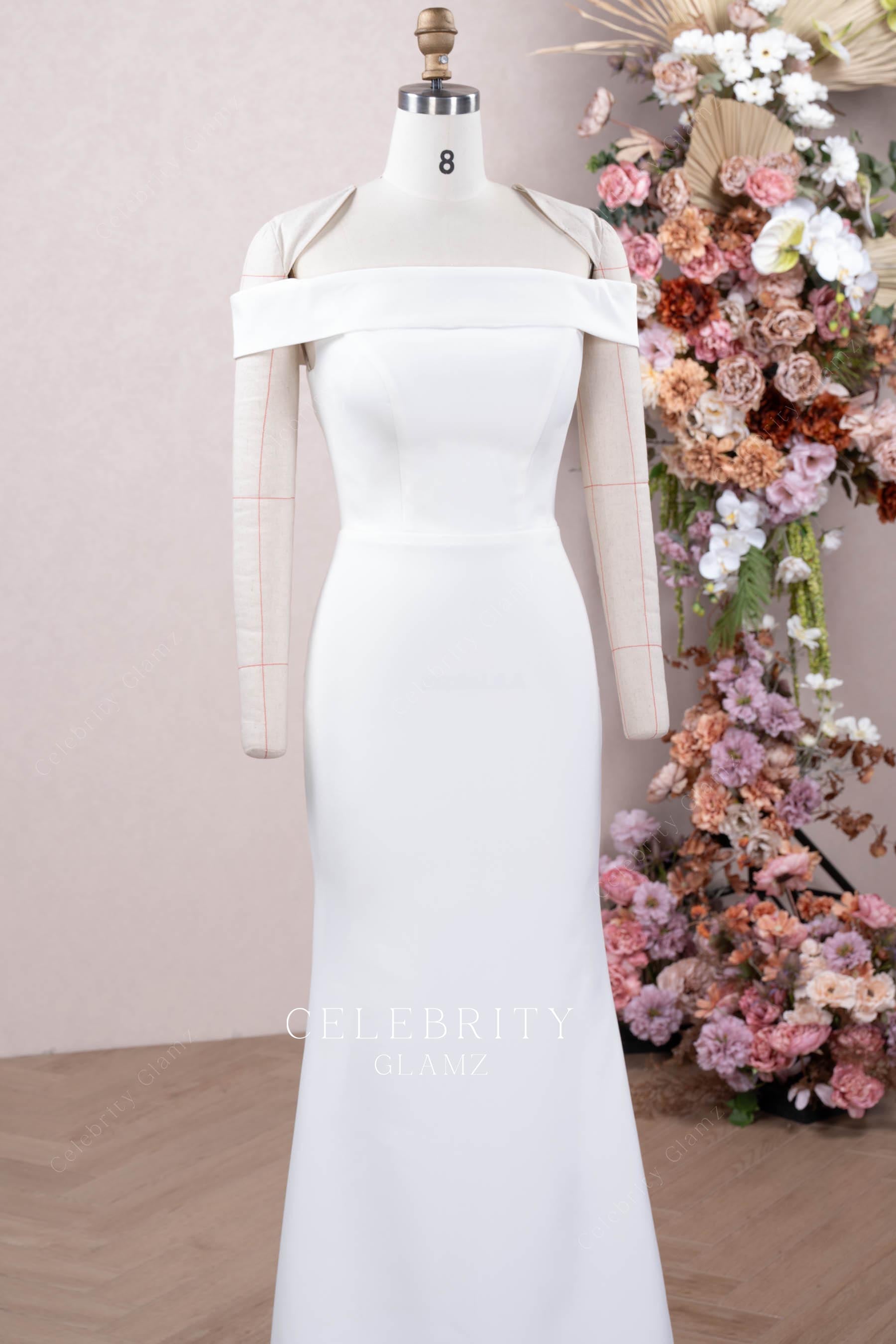 off shoulder straight across wedding dress