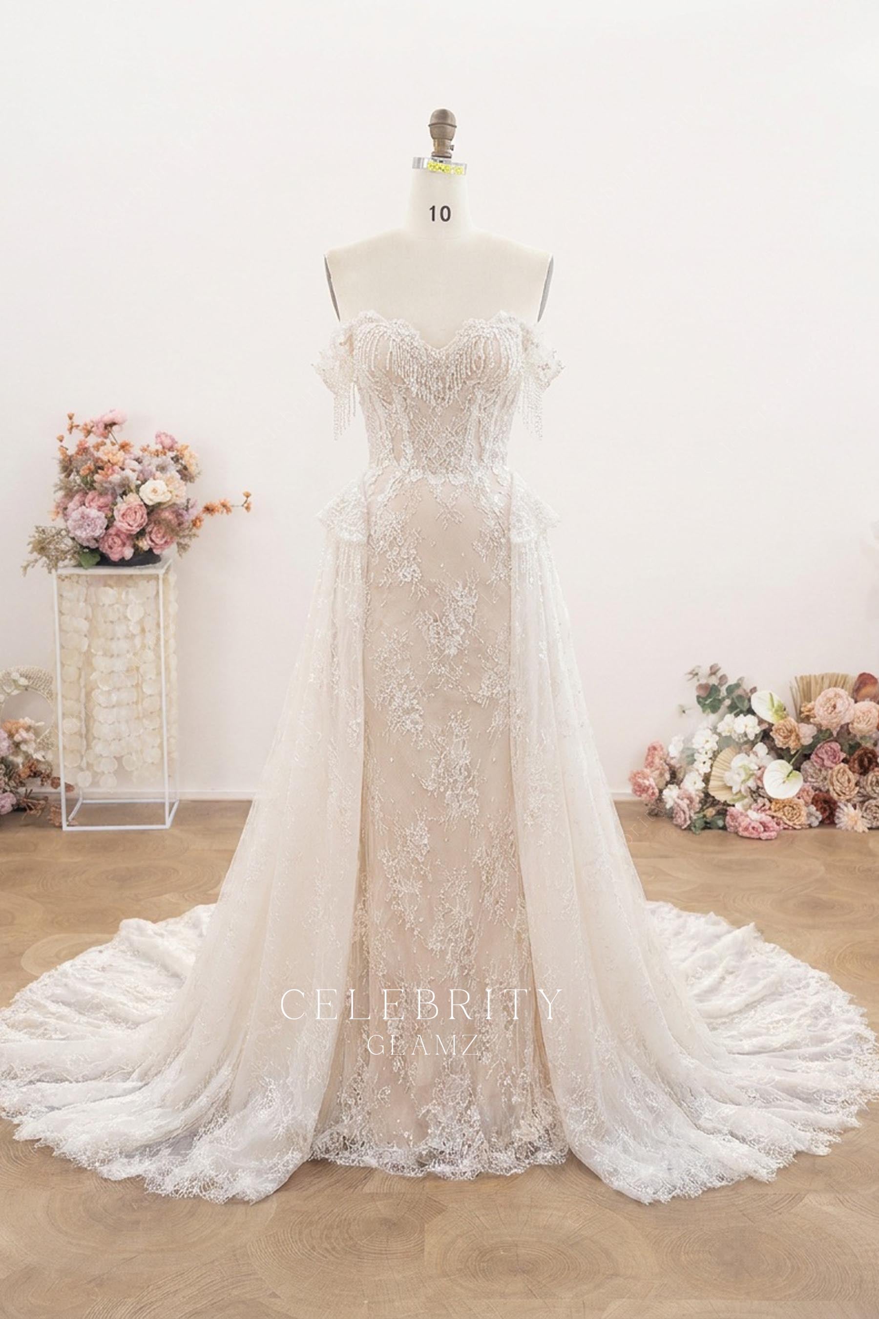 off shoulder sweetheart neck overskirt wedding dress