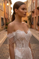 off shoulder visible boning wedding dress