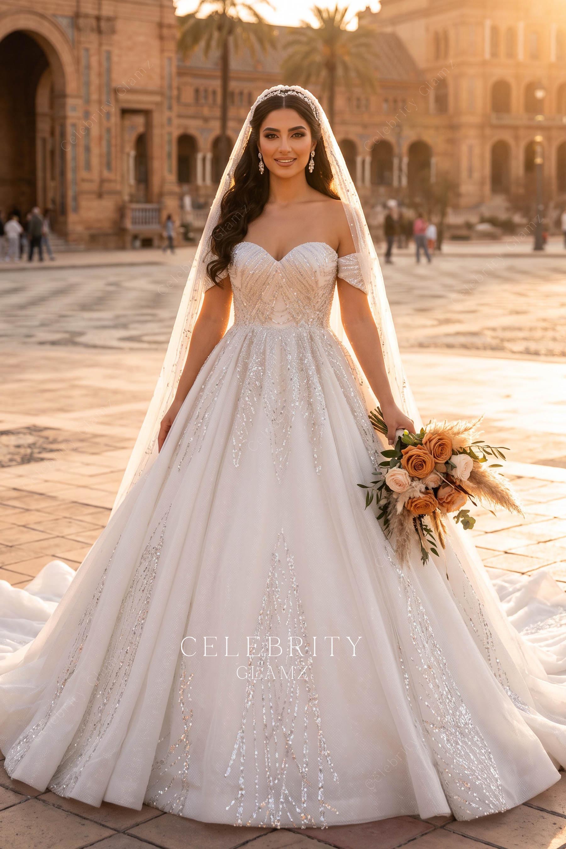 off shoulder A-line wedding dress