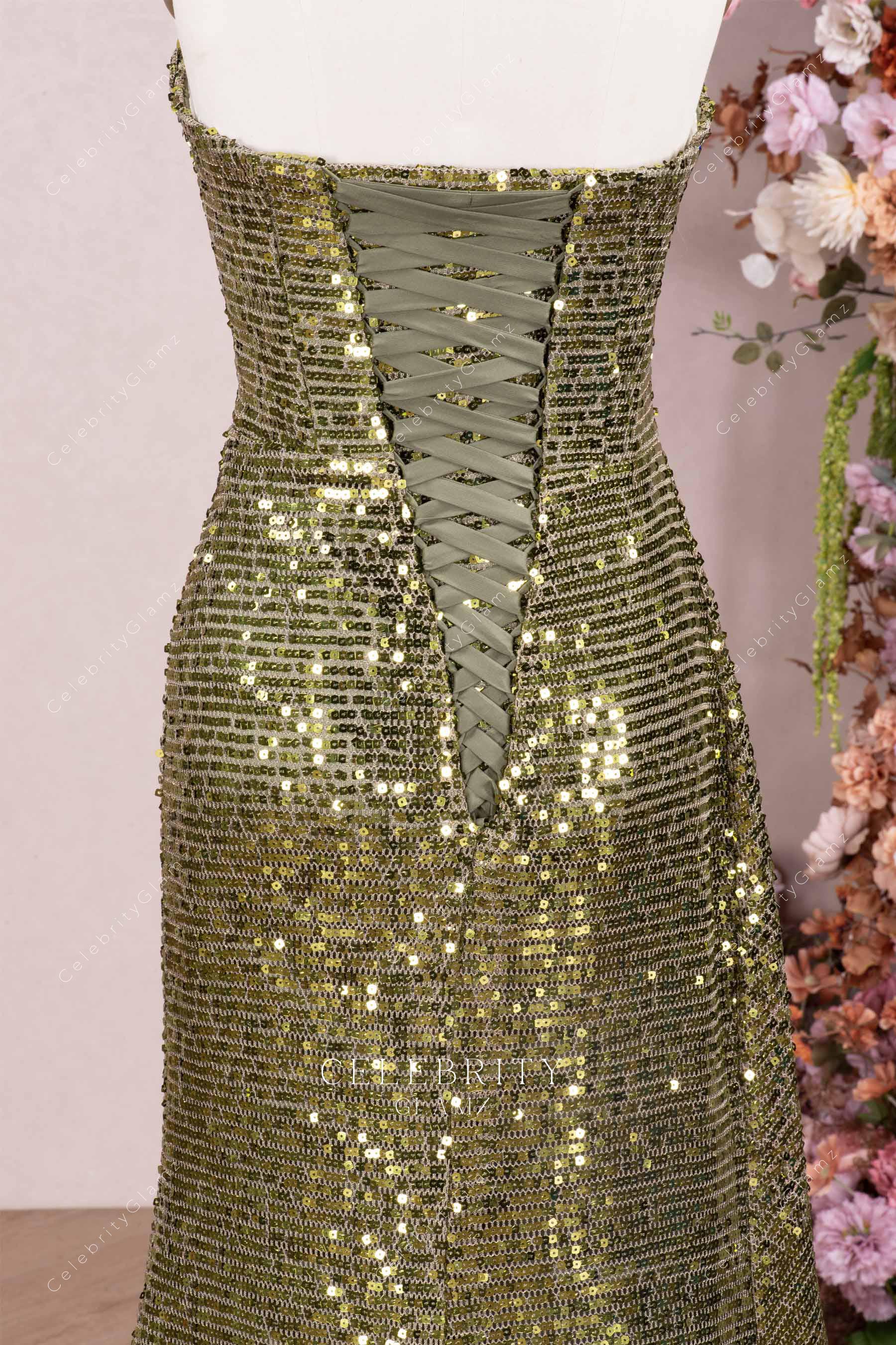 olive lace up back prom dress