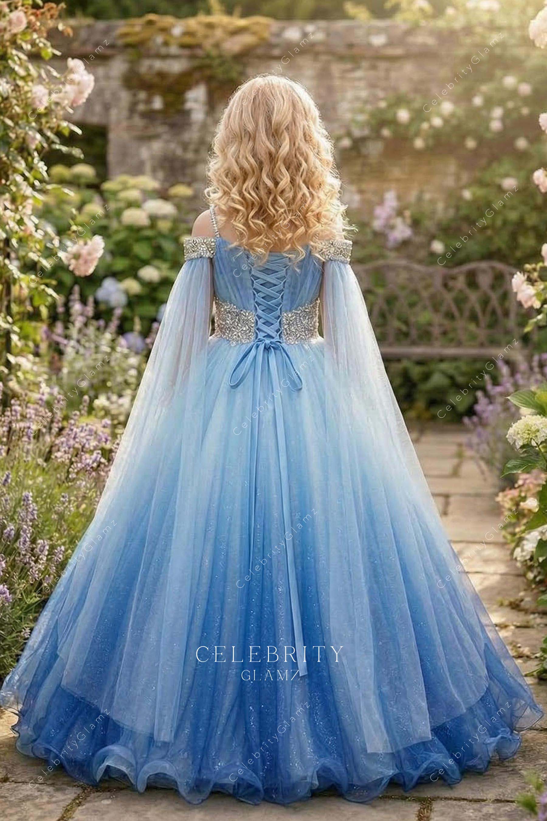 ombre blue lace up back a line pageant dress