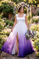 ombre organza thigh slit a line bridal dress