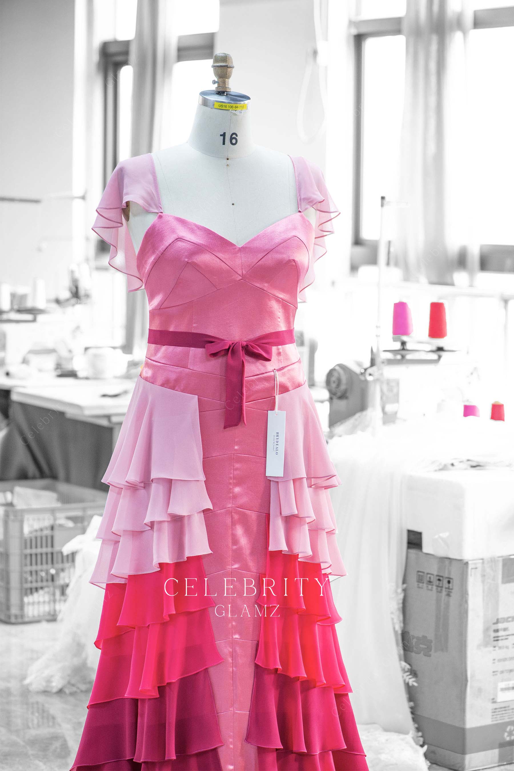 ombre pink flutter sleeves formal dress