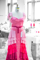 ombre pink flutter sleeves formal dress