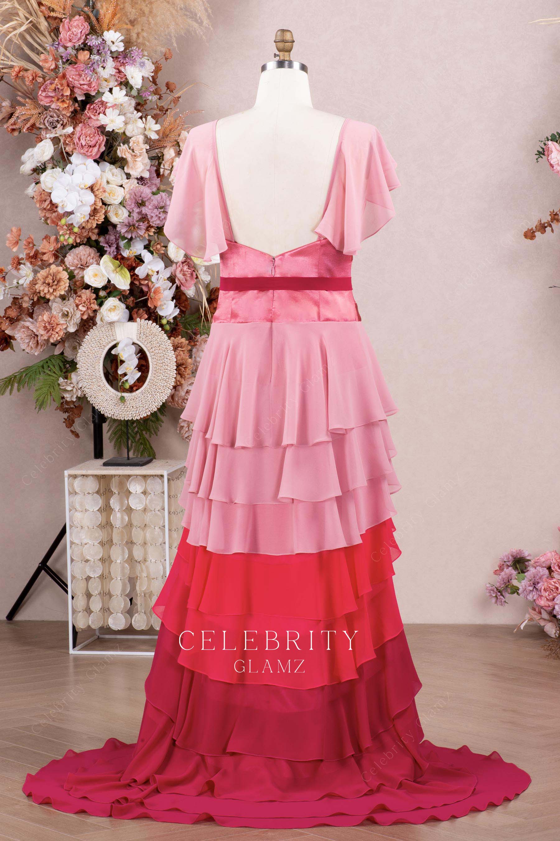 ombre pink sweep train formal dress