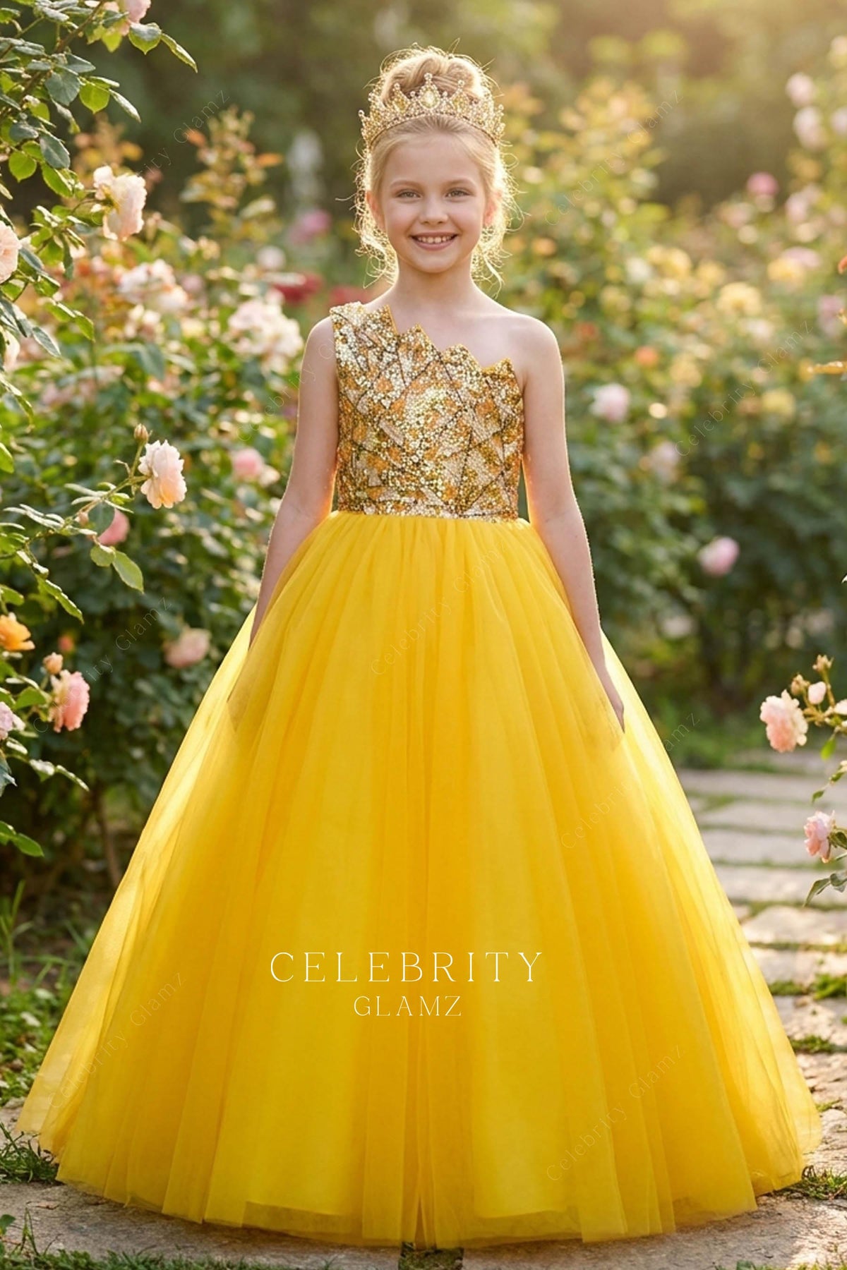 one shoulder shimmery gold pageant gown