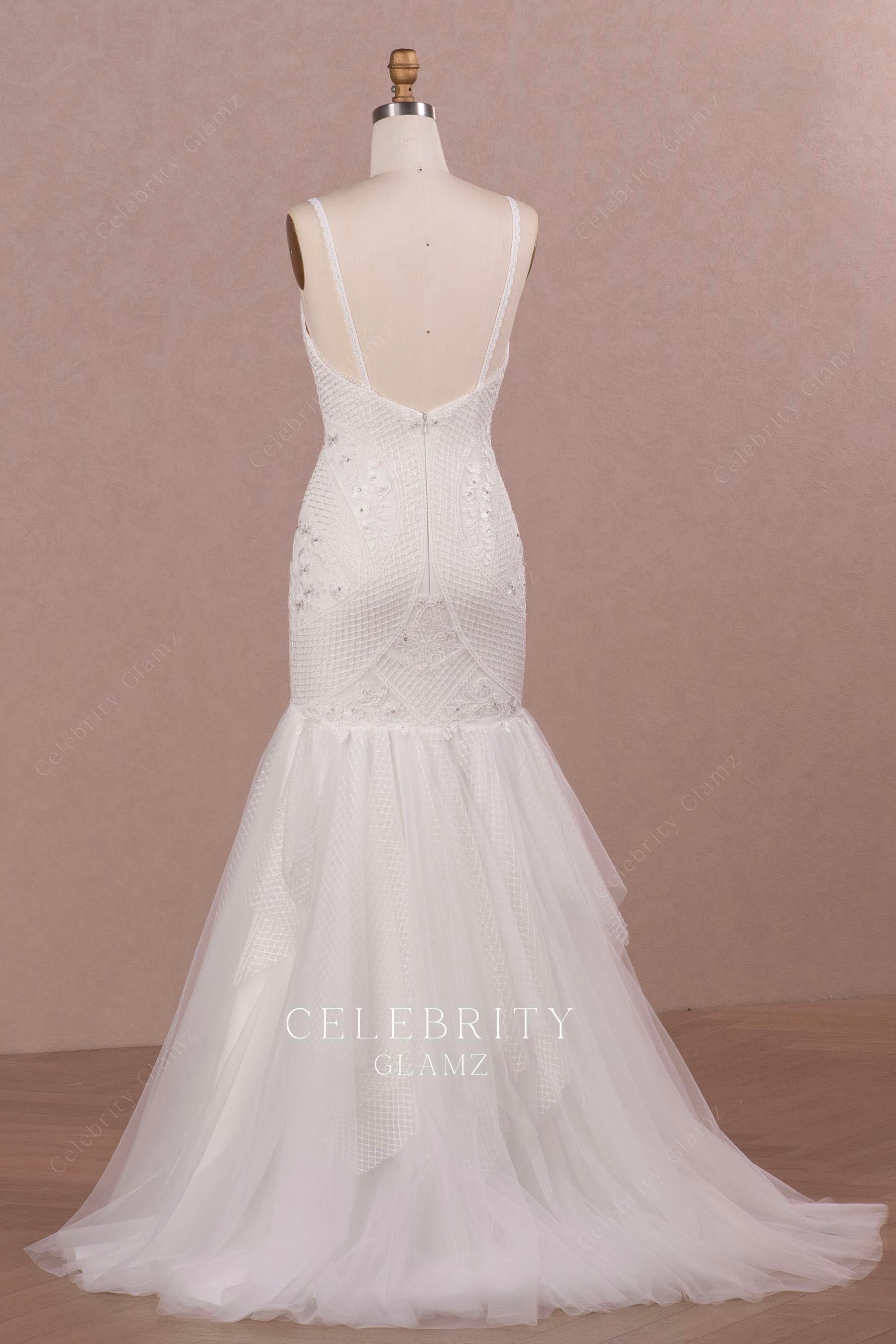 open back layered skirt  trumpet bridal dress