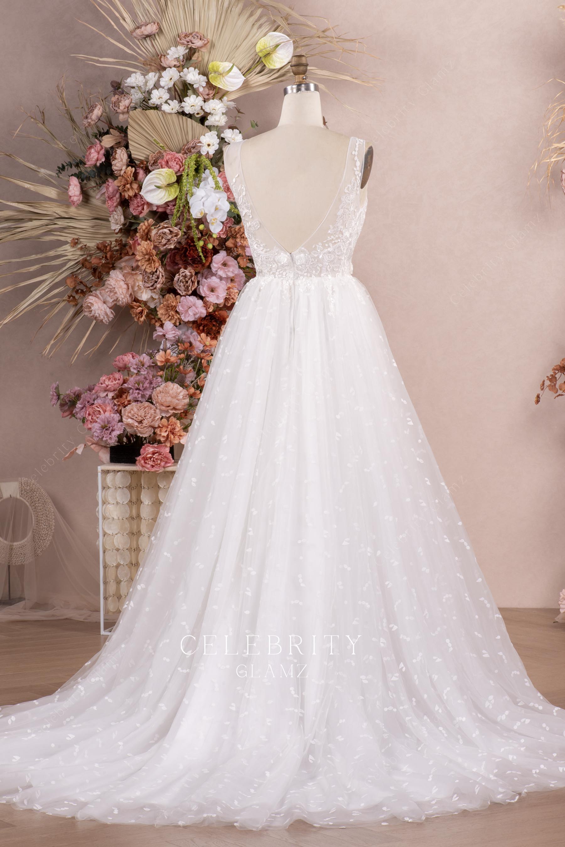 open v cut back court train wedding dress