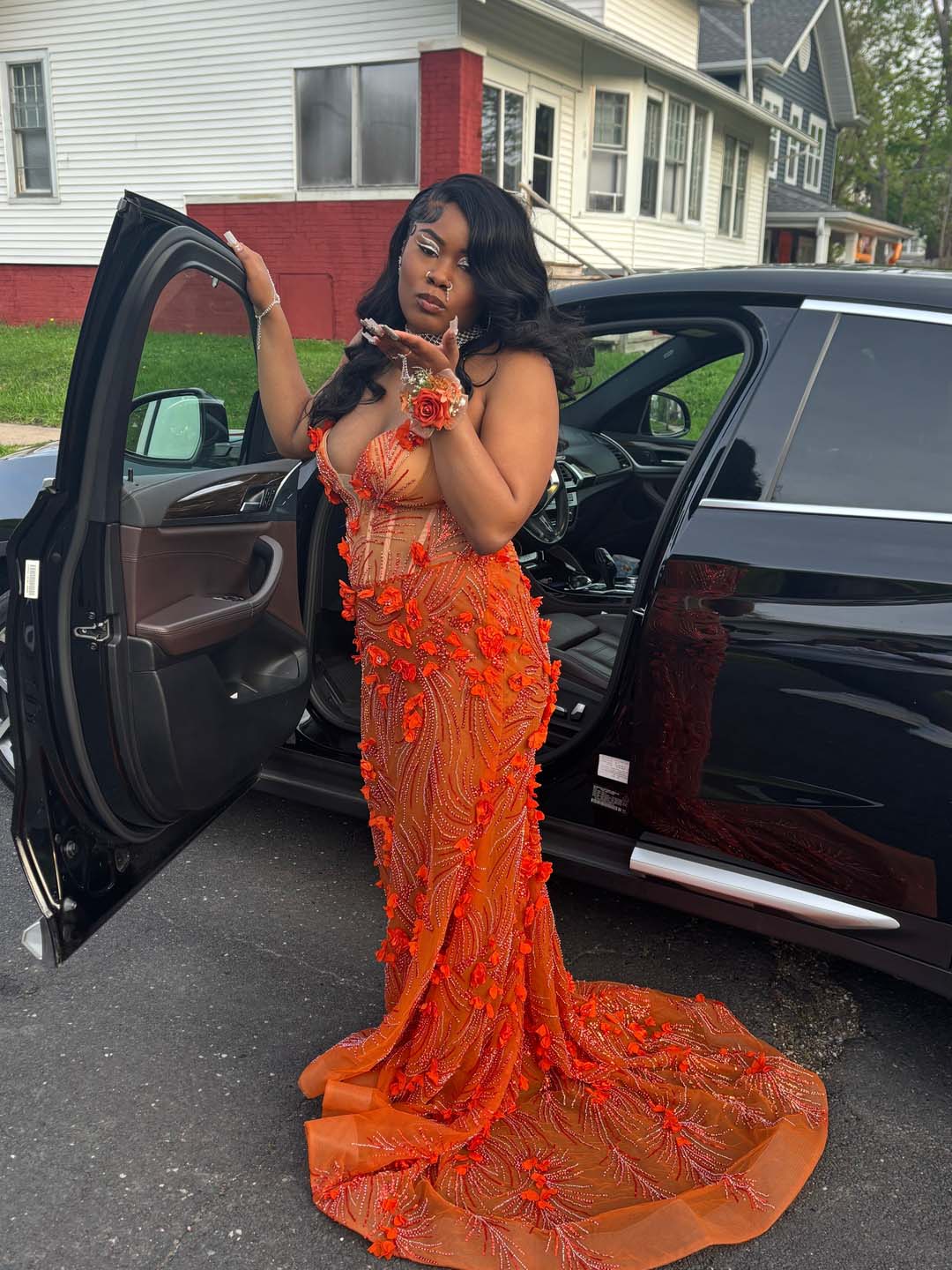 orange 3D flower lace mermaid prom dress review