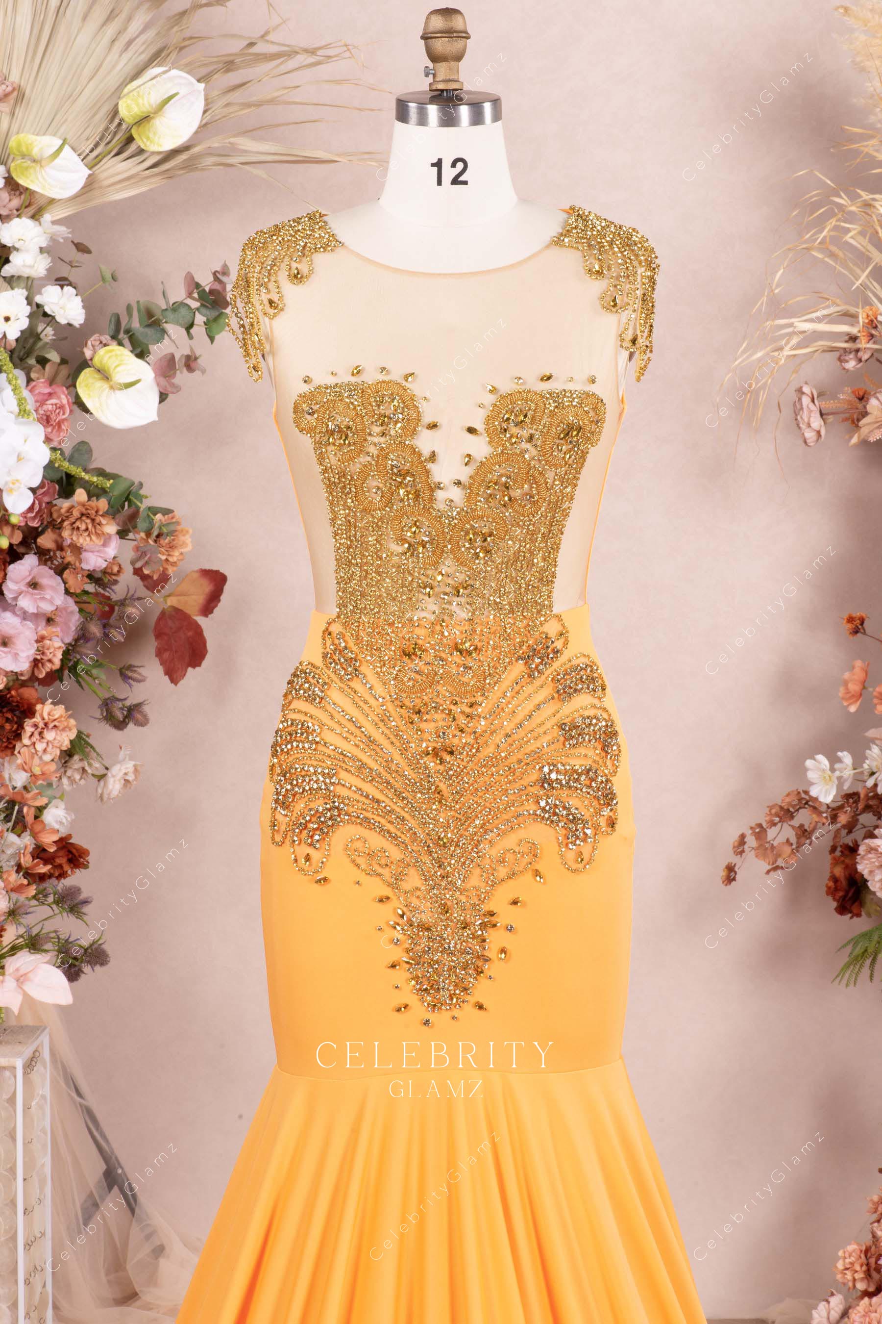 orange cap sleeve prom dress