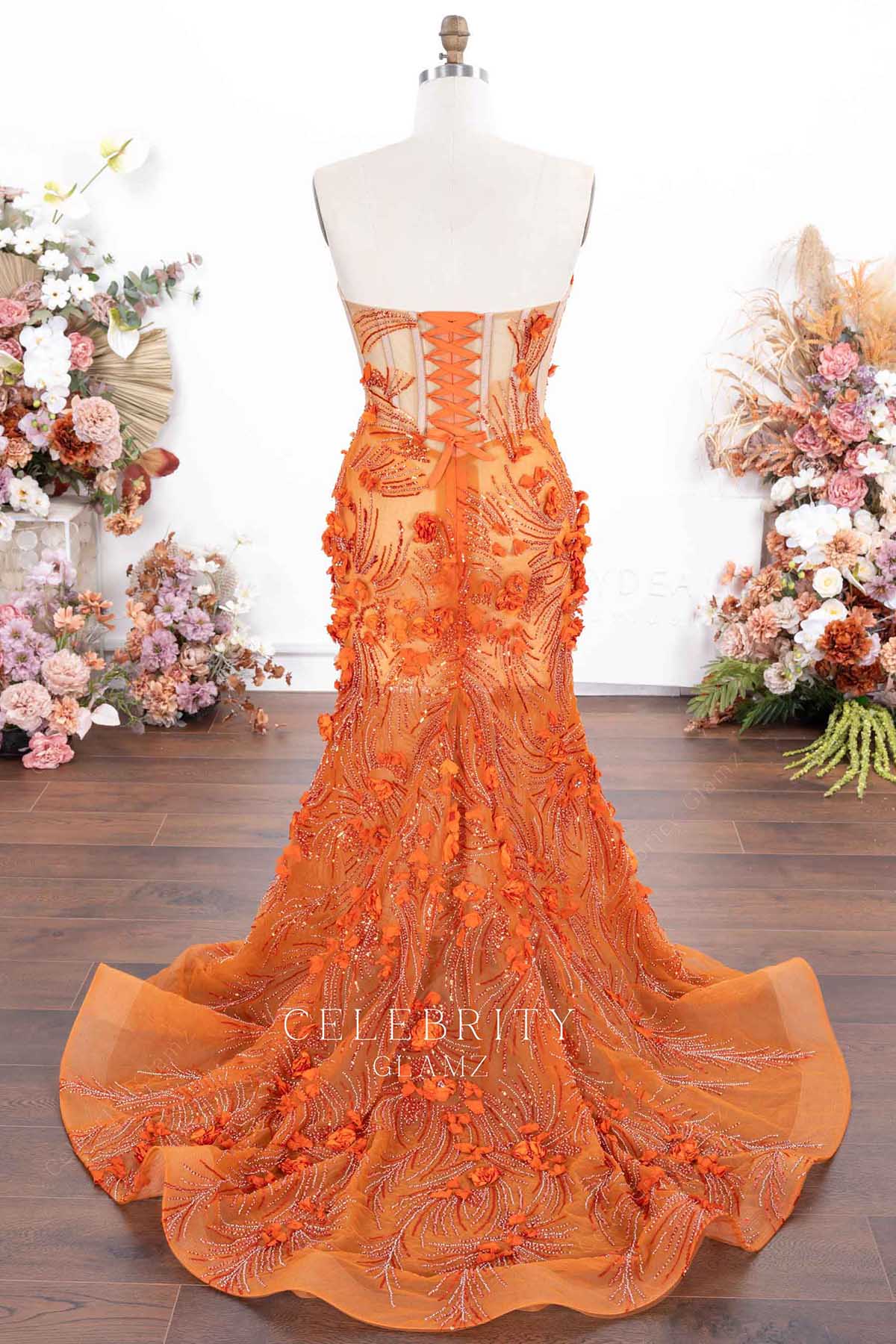 orange court train prom dress 