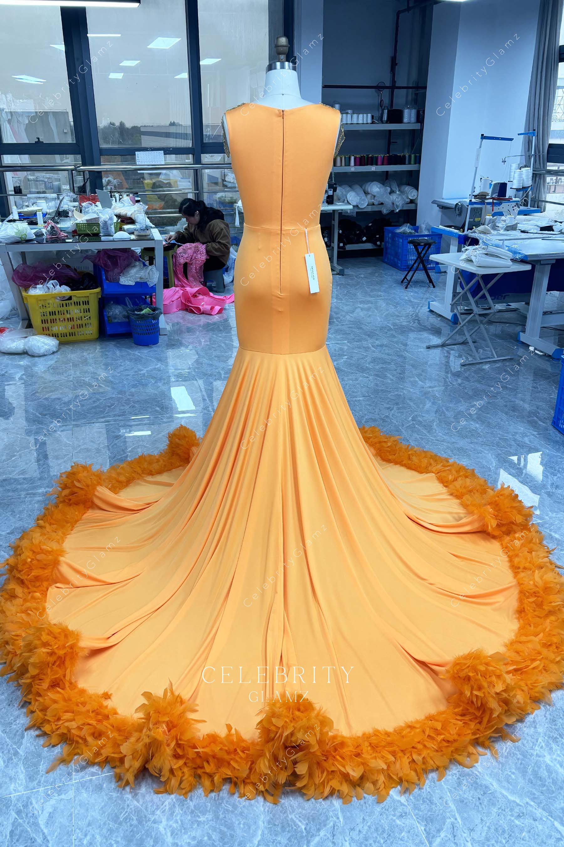 orange feathers hem formal dress