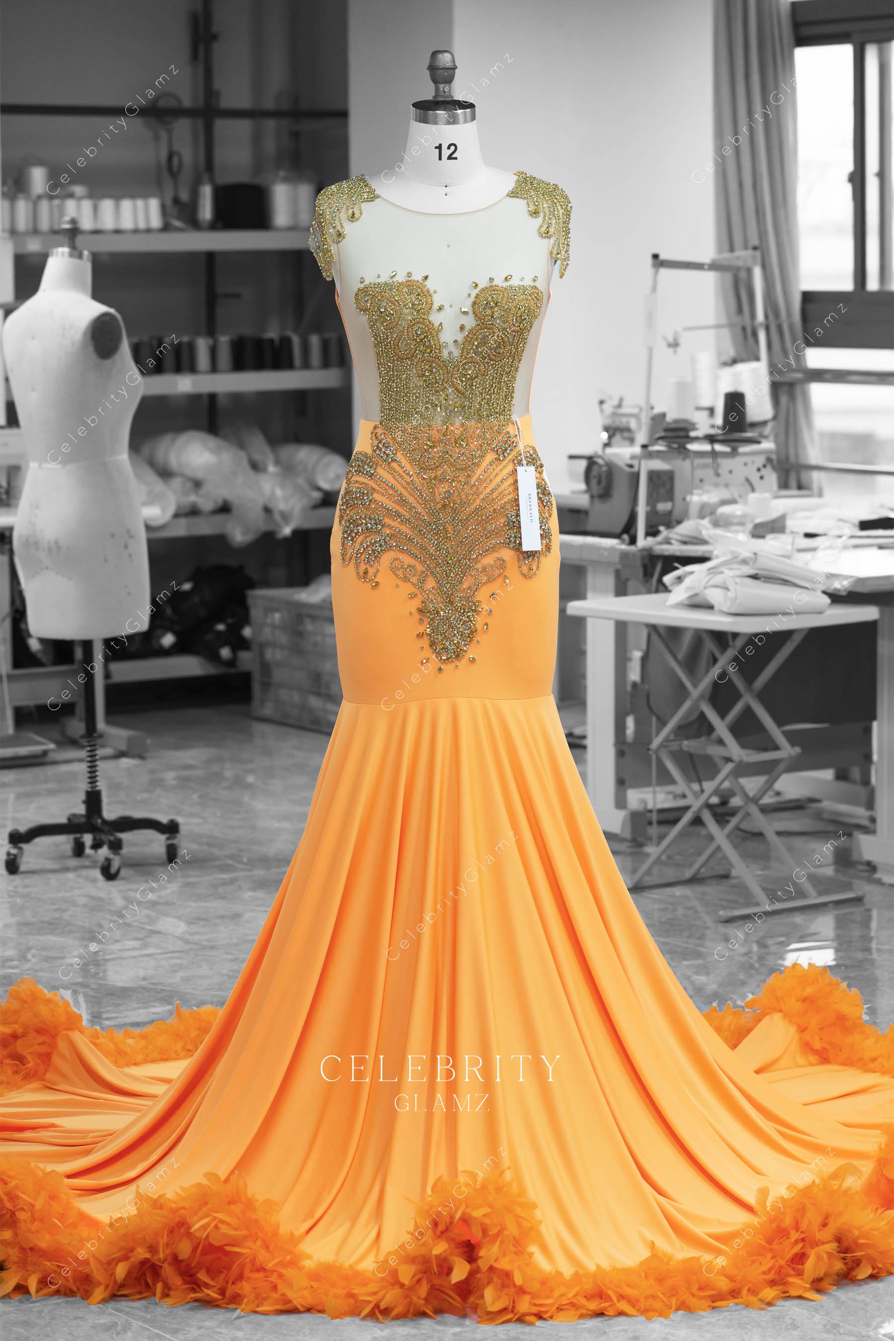 orange feathers prom dress