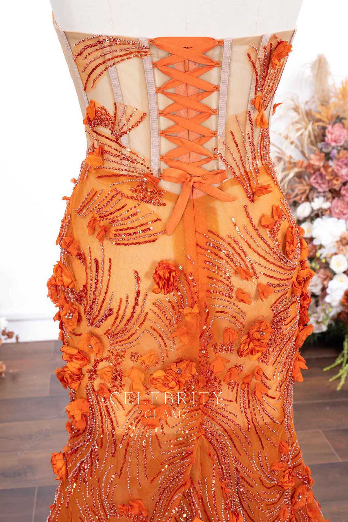 orange lace up back prom dress