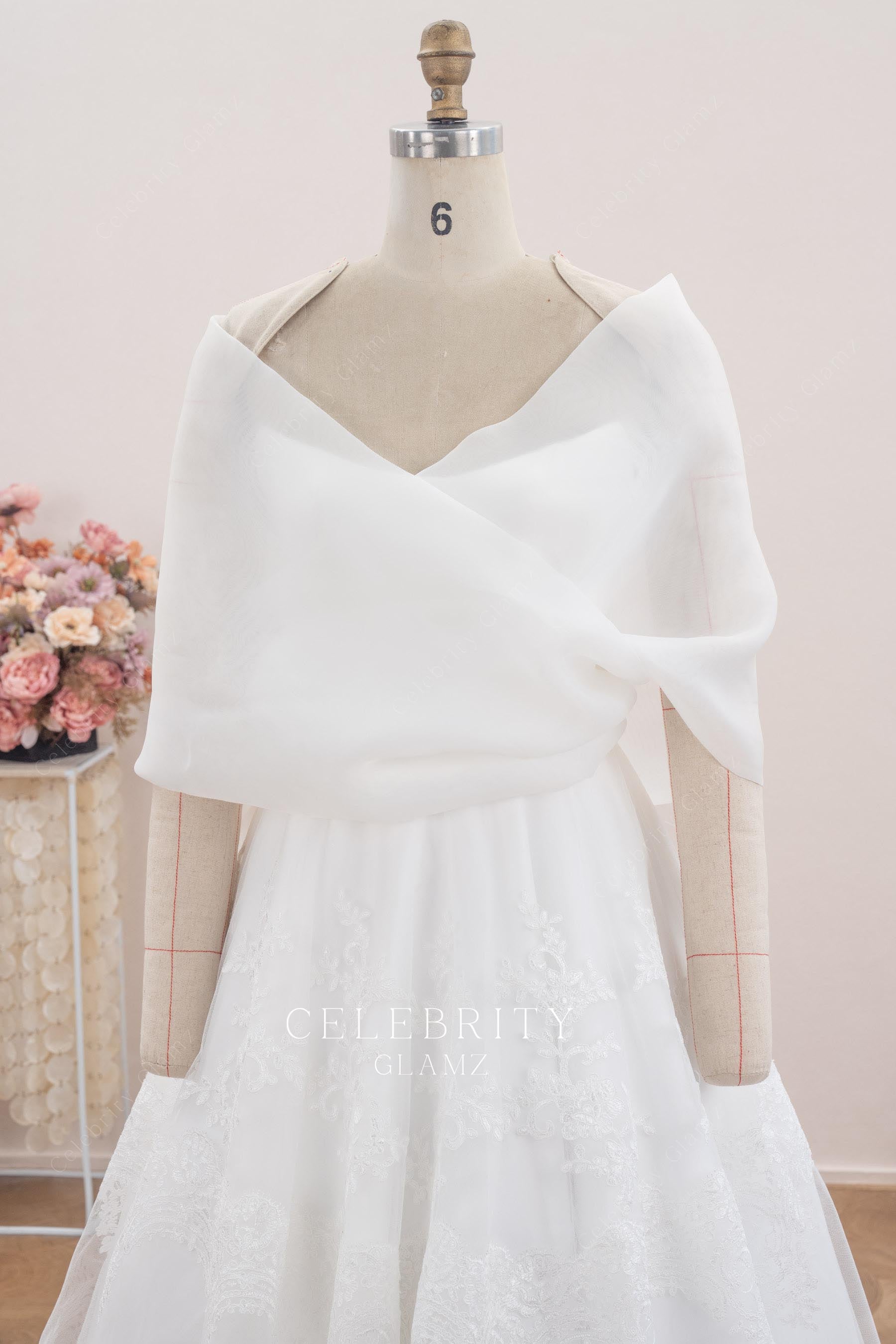 organza wrapped v neck wedding dress