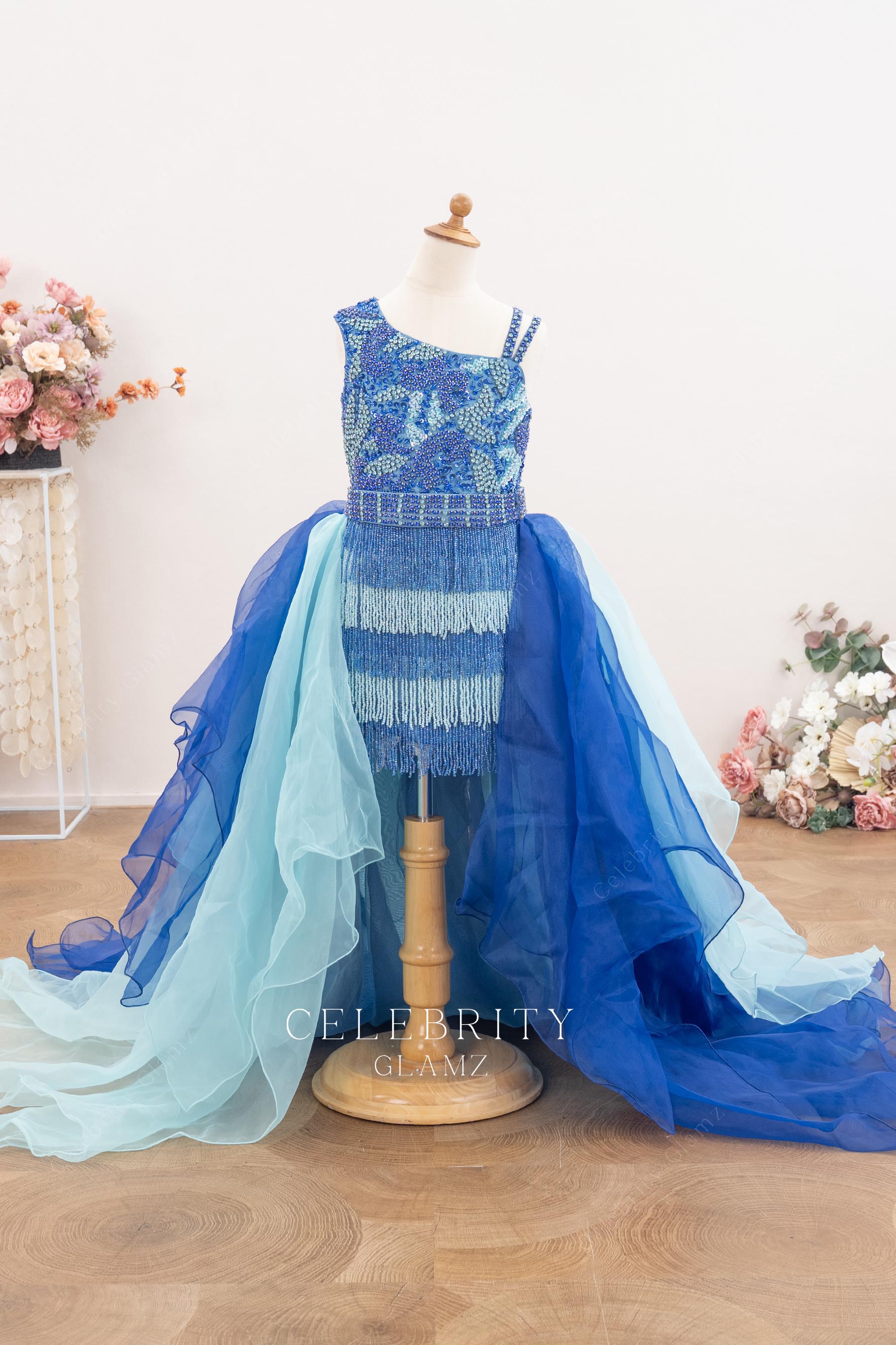 overskirt beaded tassel short kids pageant dress