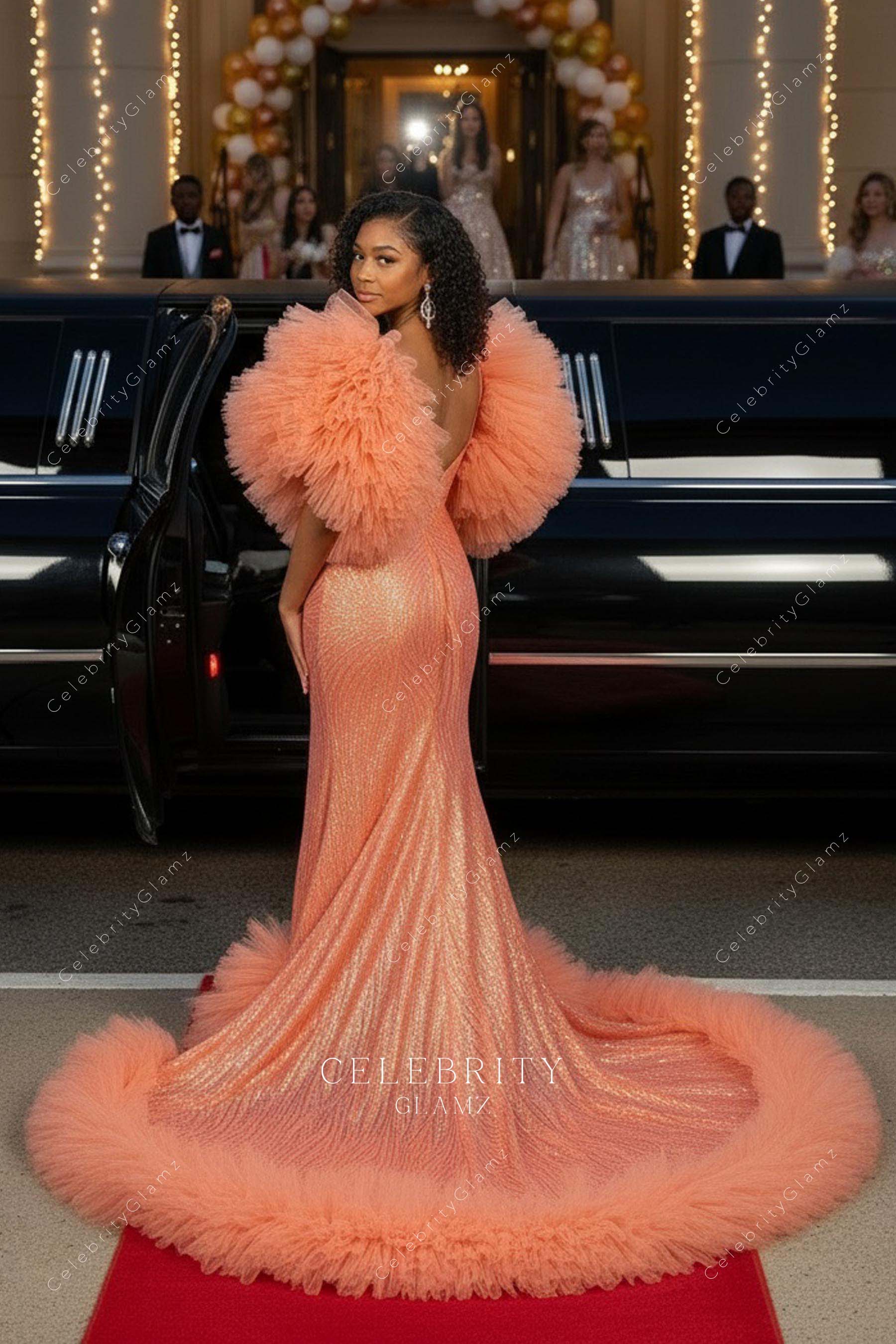 papaya mermaid chapel train prom dress