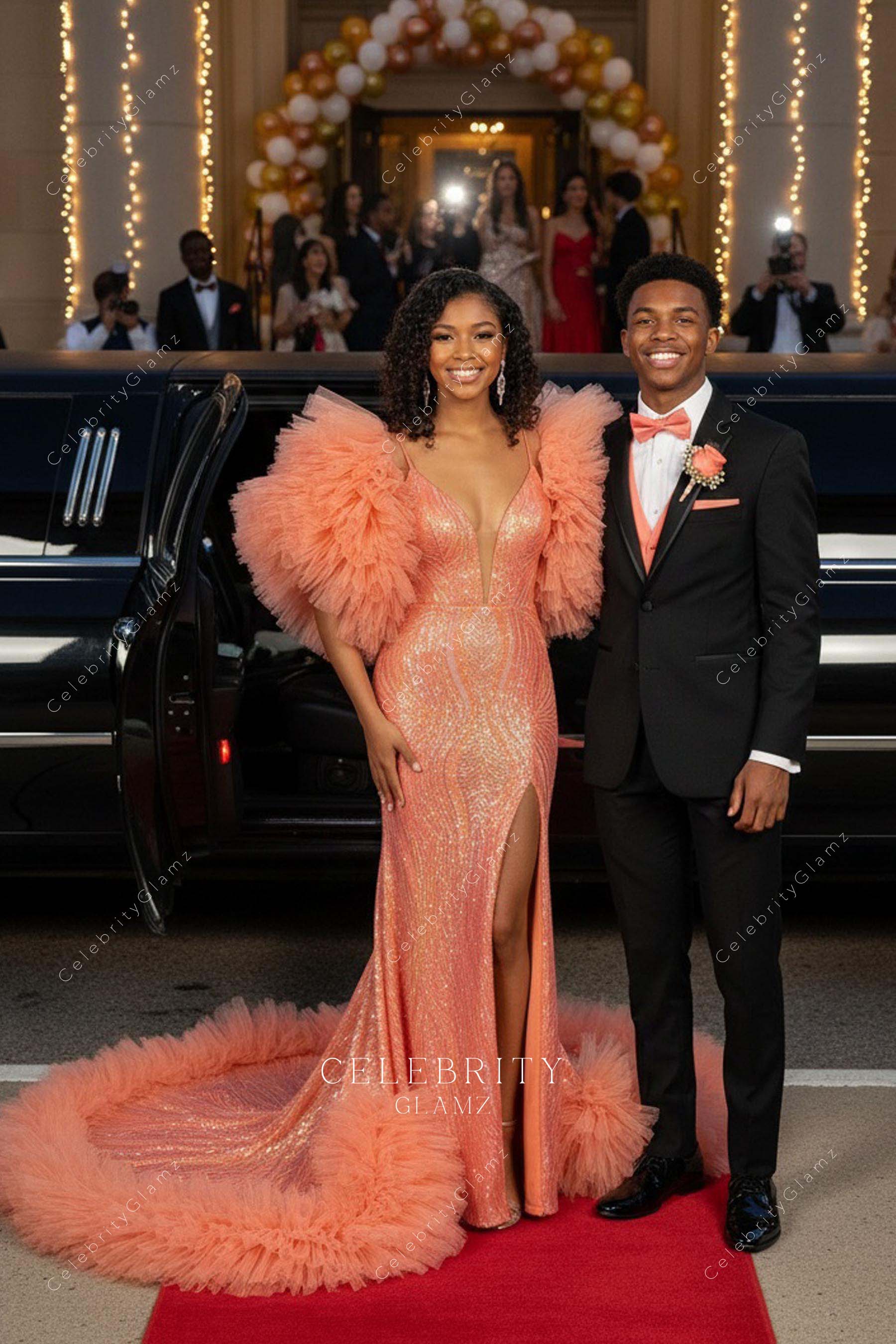 papaya plunging neck prom dress