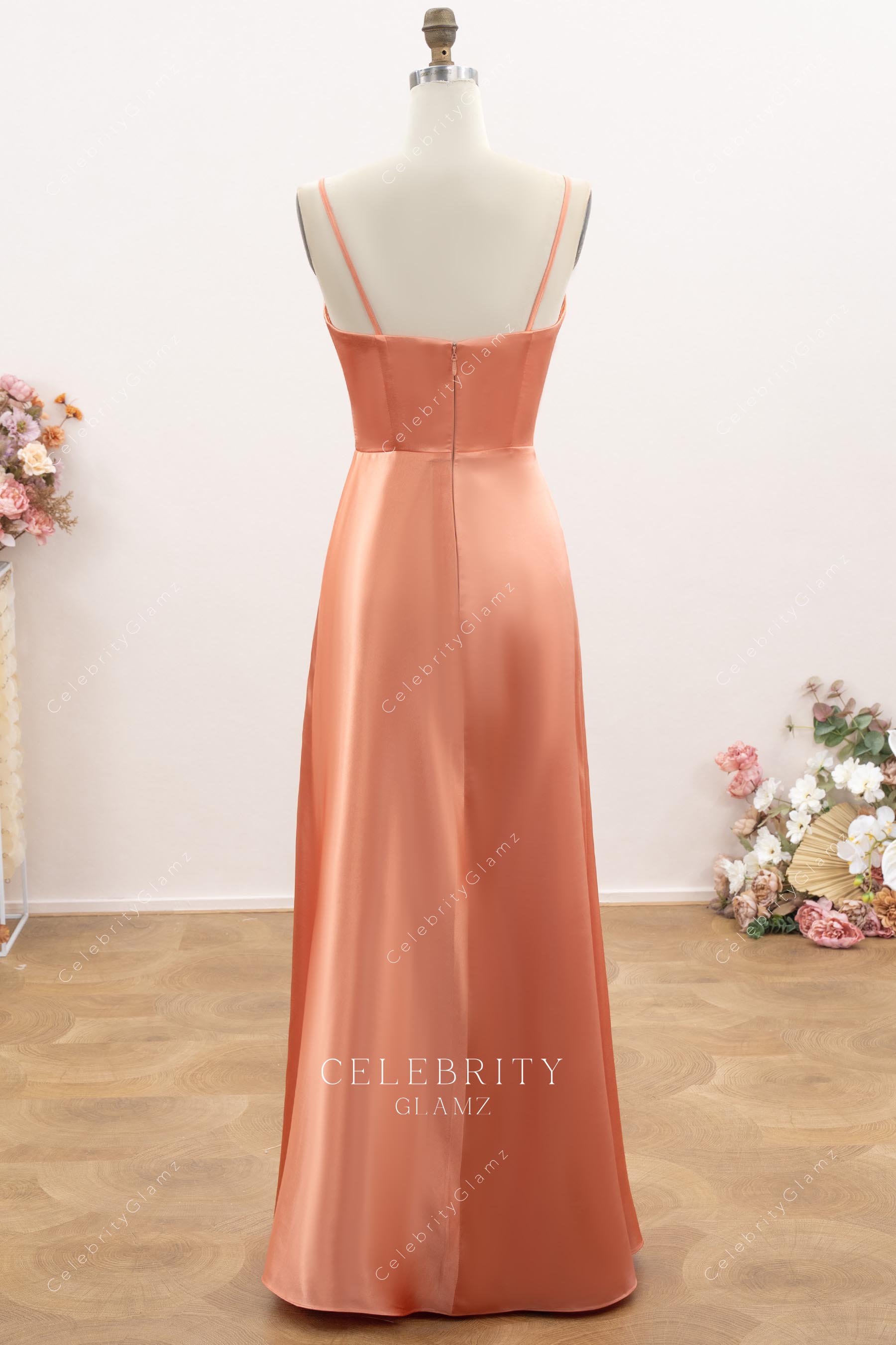 papaya satin floor length bridesmaid dress