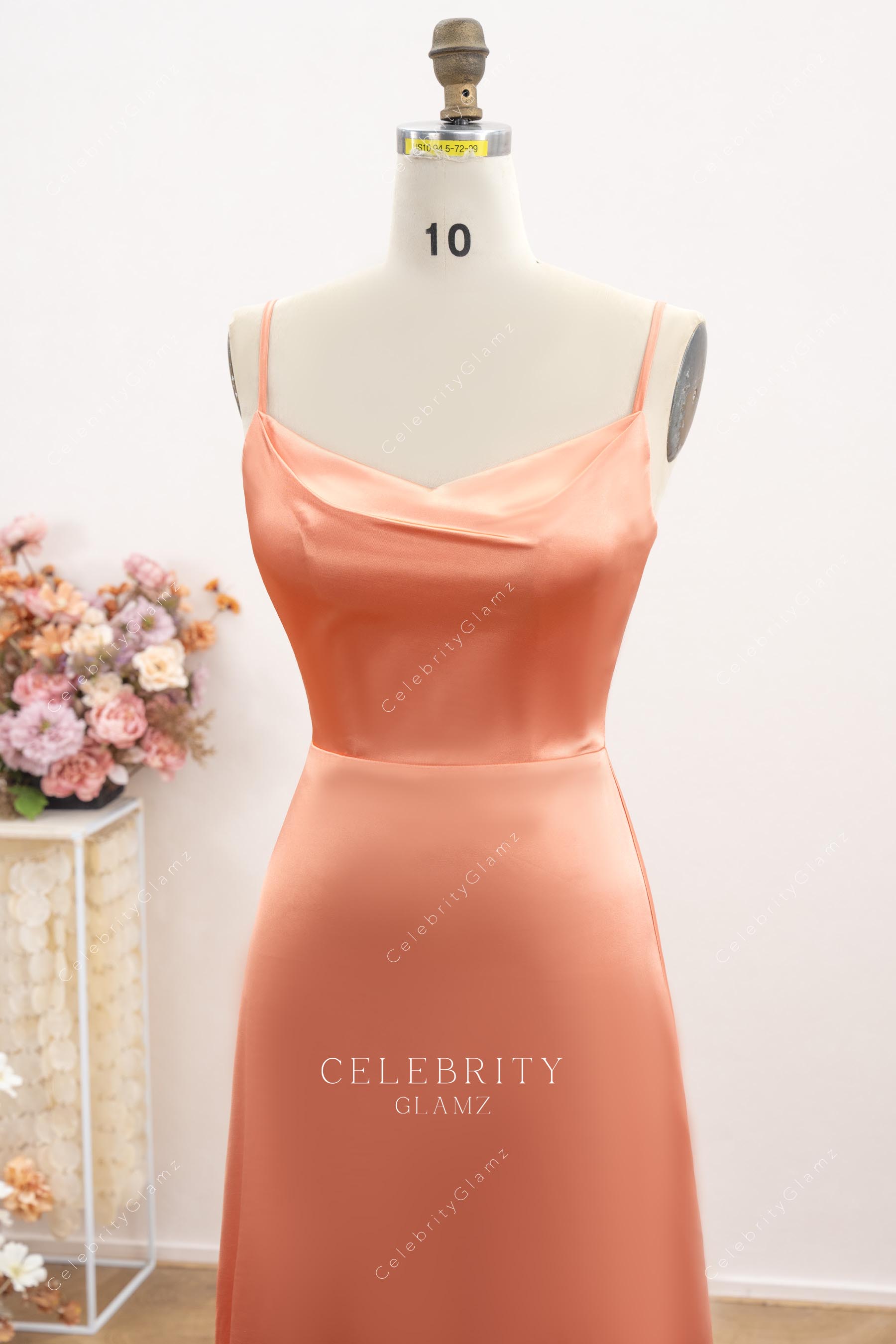 papaya satin spaghetti straps  bridesmaid dress