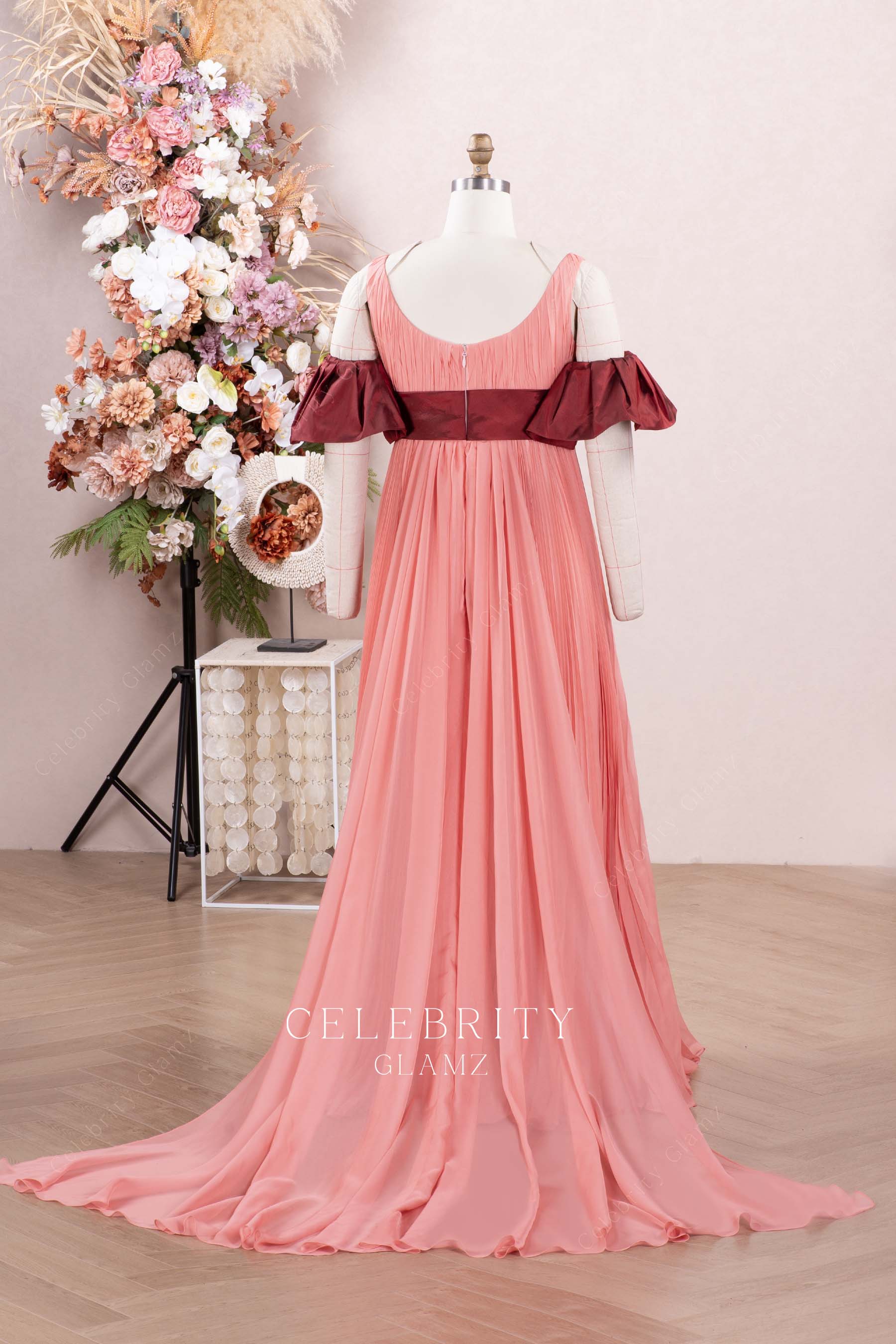 peach panel train formal dress