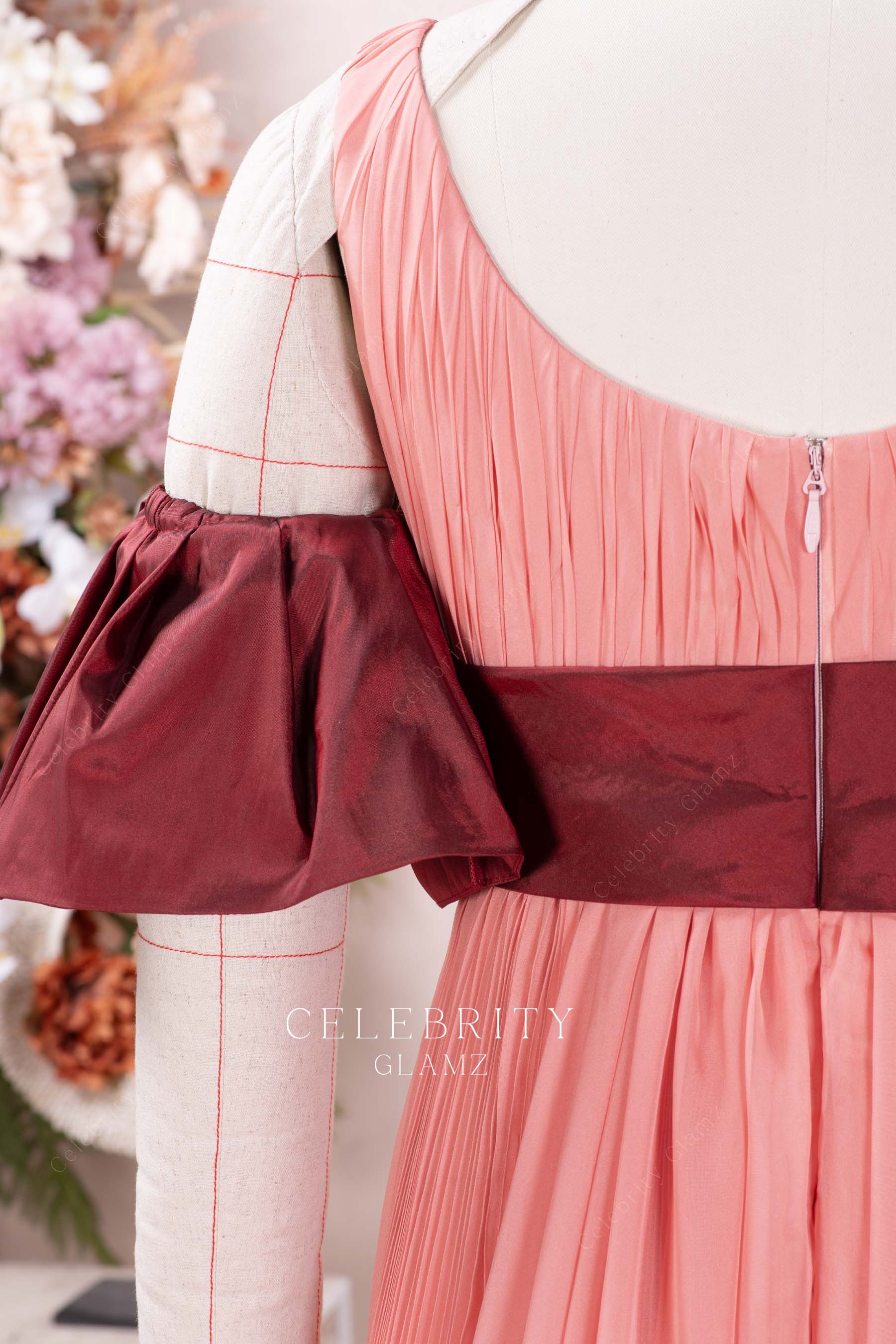 peach short sleeve formal dress