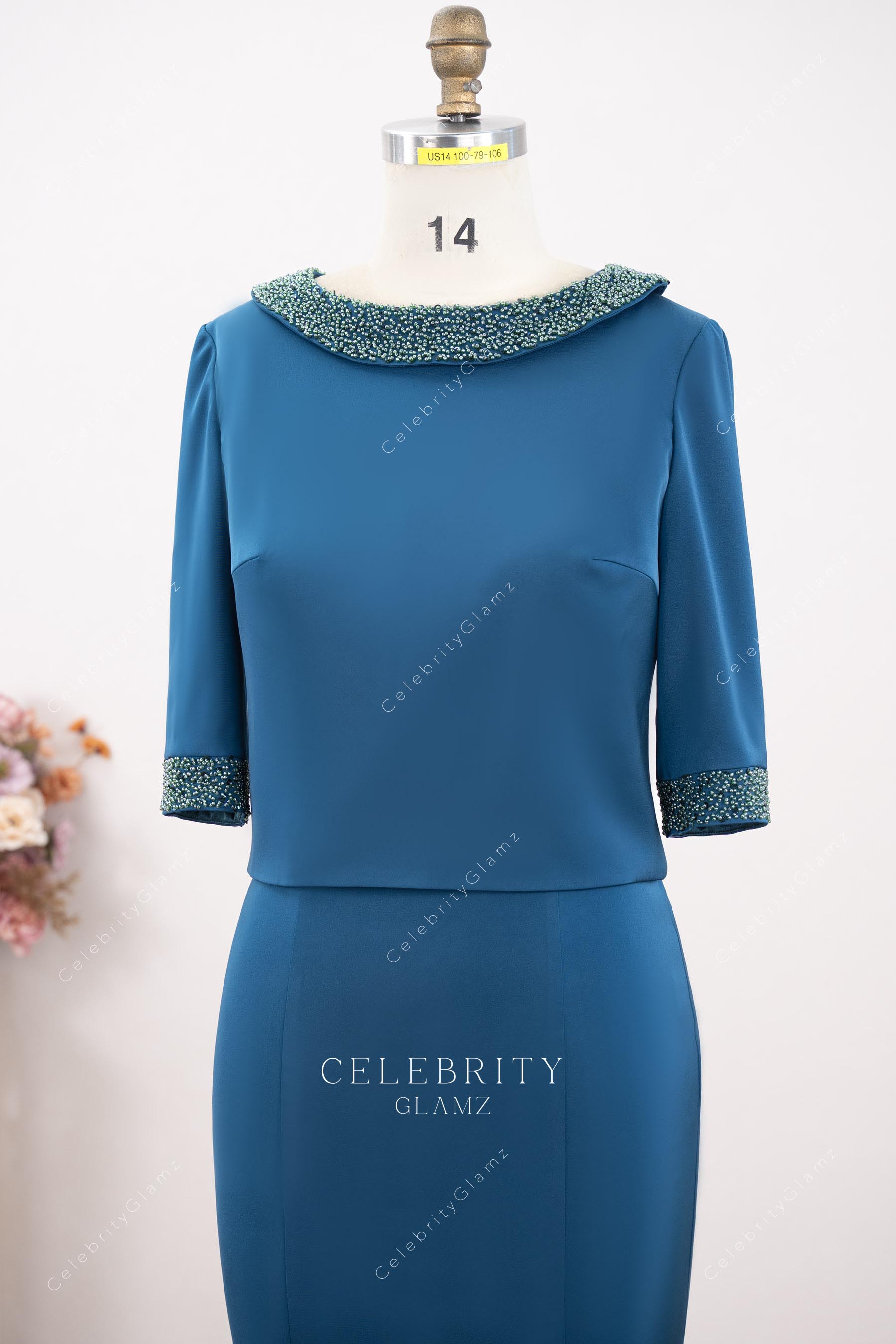 peacock boat neck mother of bride dress