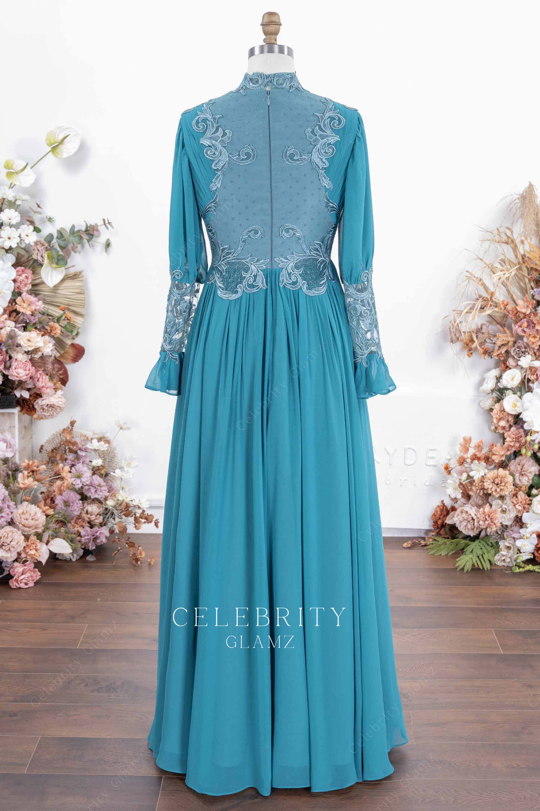 peacock chiffon floor length formal dress