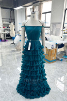 peacock off shoulder tiered formal dress