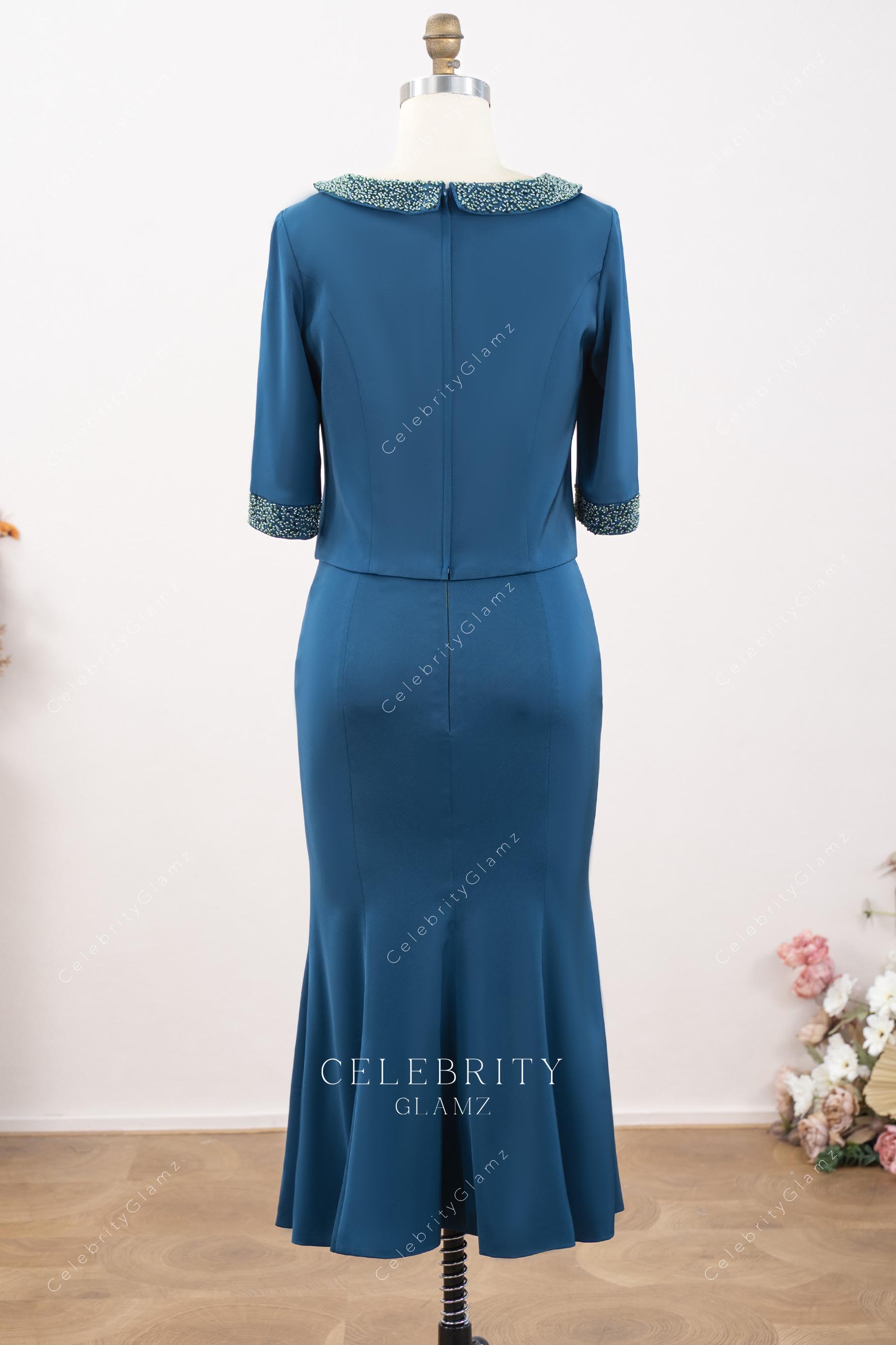 peacock tea length mother of bride dress