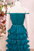 peacock tulle open back prom dress