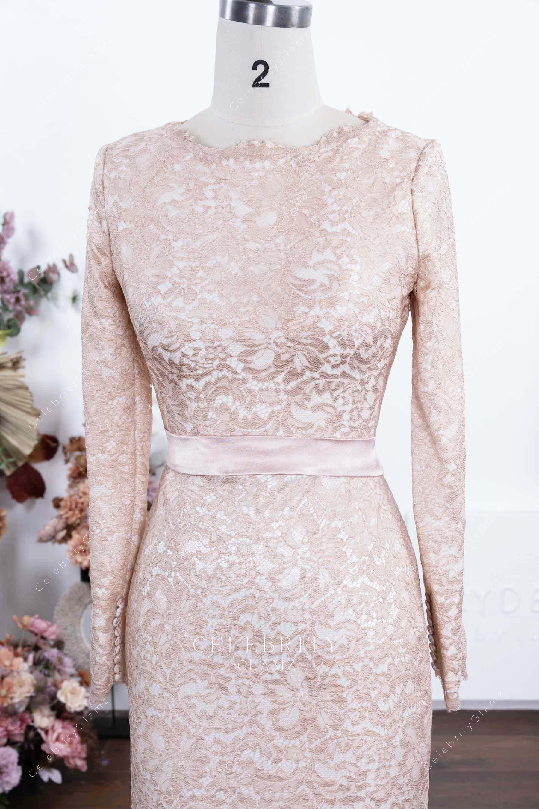 pearl pink lace scalloped neck formal dress