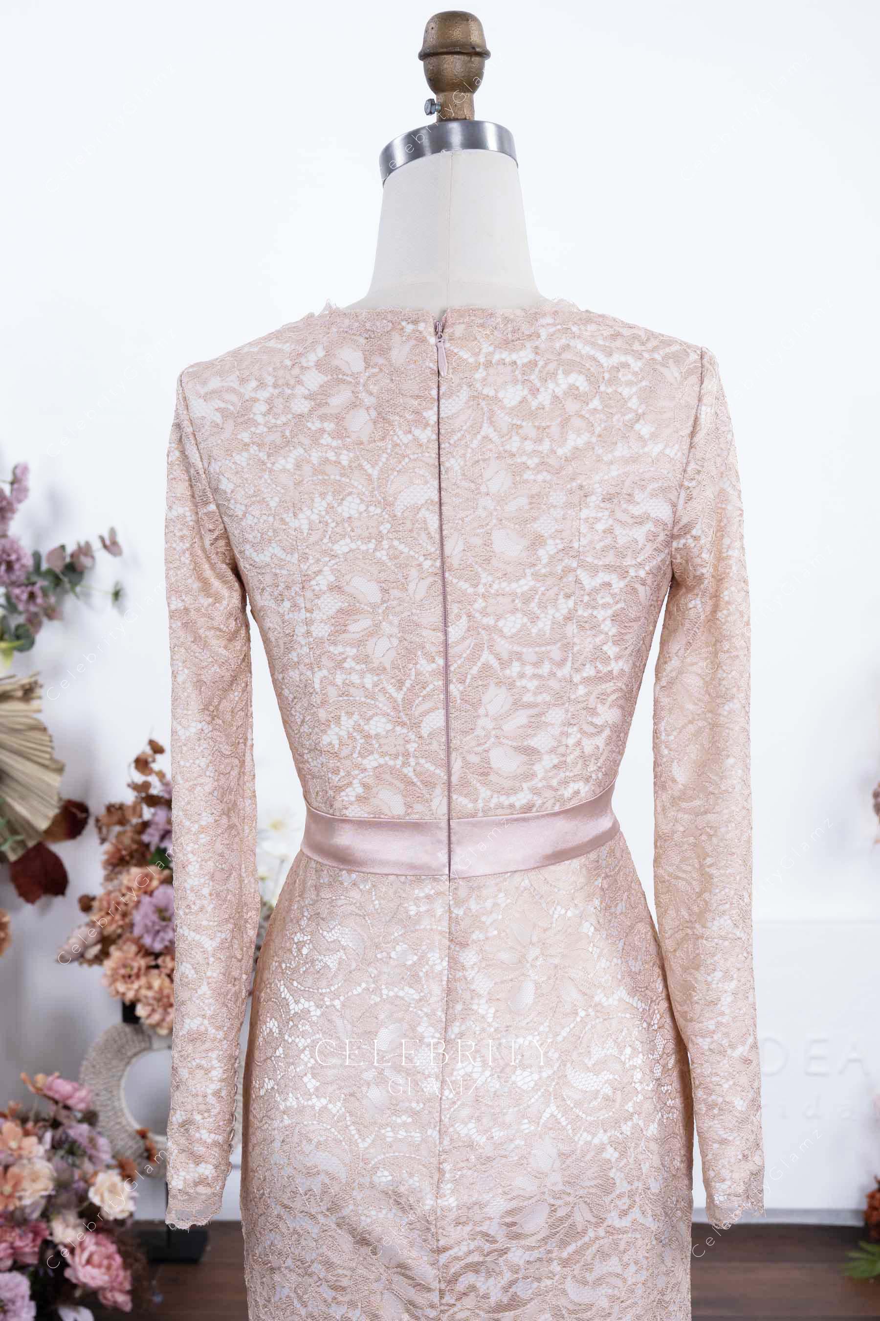 pearl pink lace with waistband formal dress