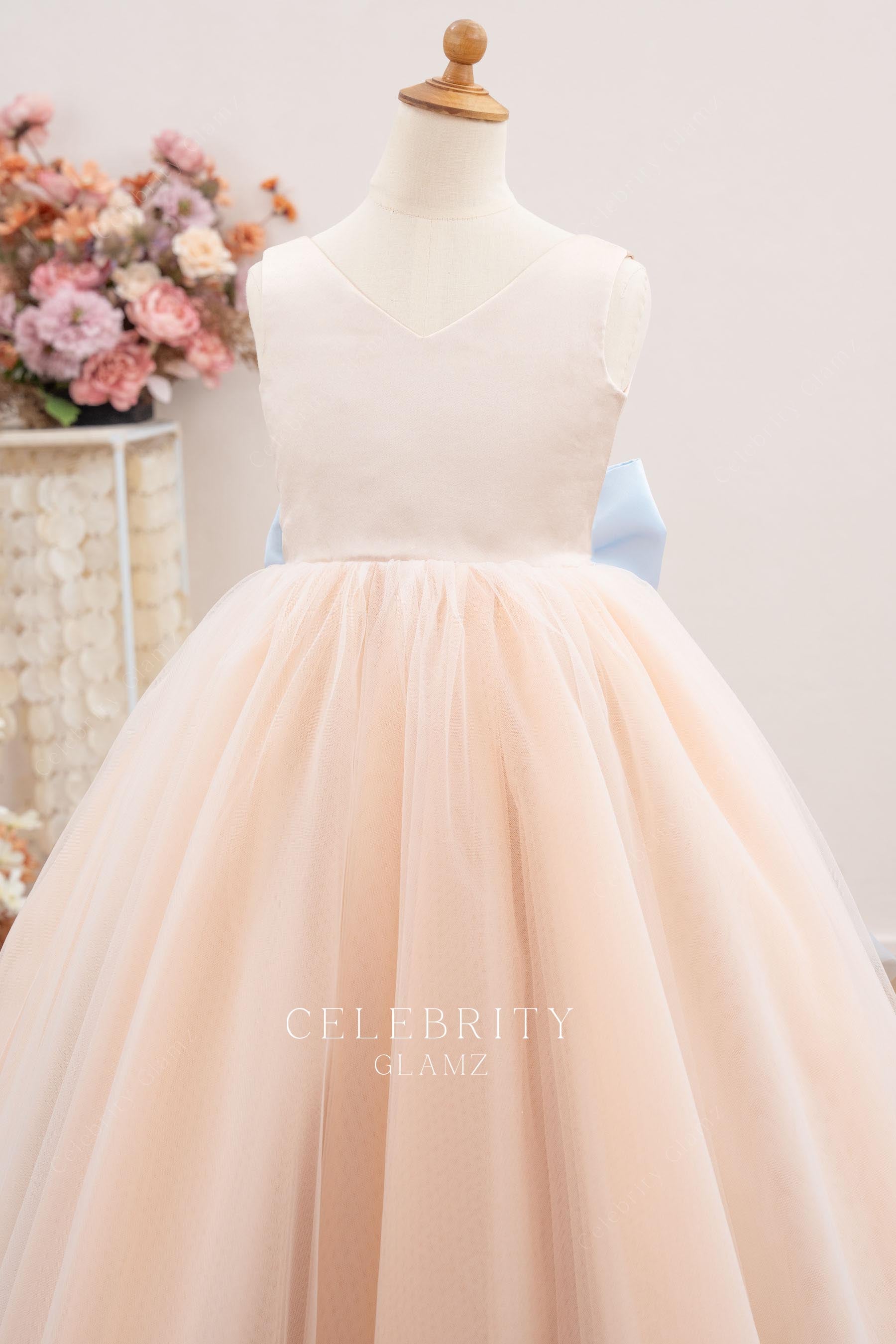 pearl pink satin flower girl dress