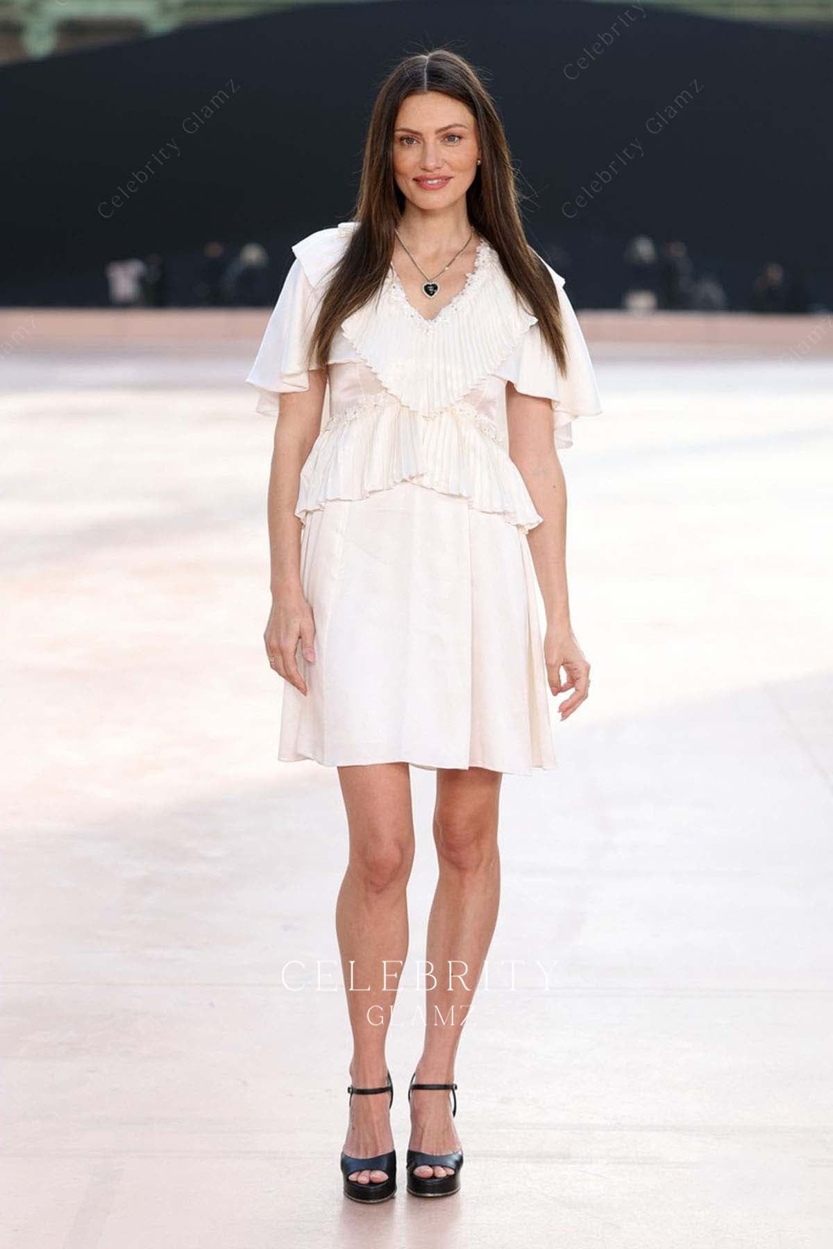 Phoebe Tonkin white v neck 2025 Chanel show dress